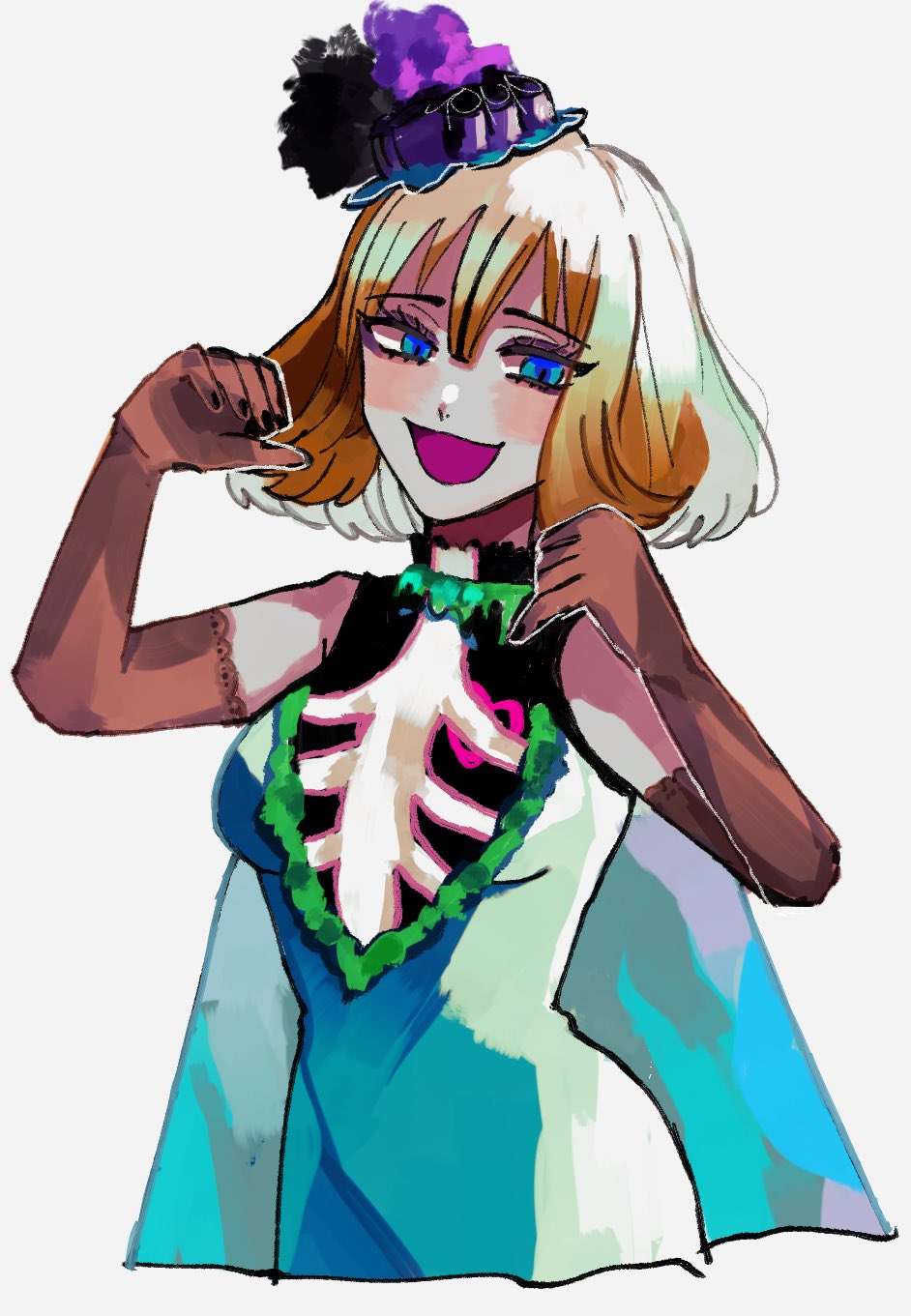 47music2, clarice (disney), disneyland, mickey mouse & friends, highres, 1girl, animification, brown hair, dress, eyelashes, hair ornament, halloween costume, humanization, jewelry, looking at viewer, open mouth, personification, ribbon, short hair, smile, upper body