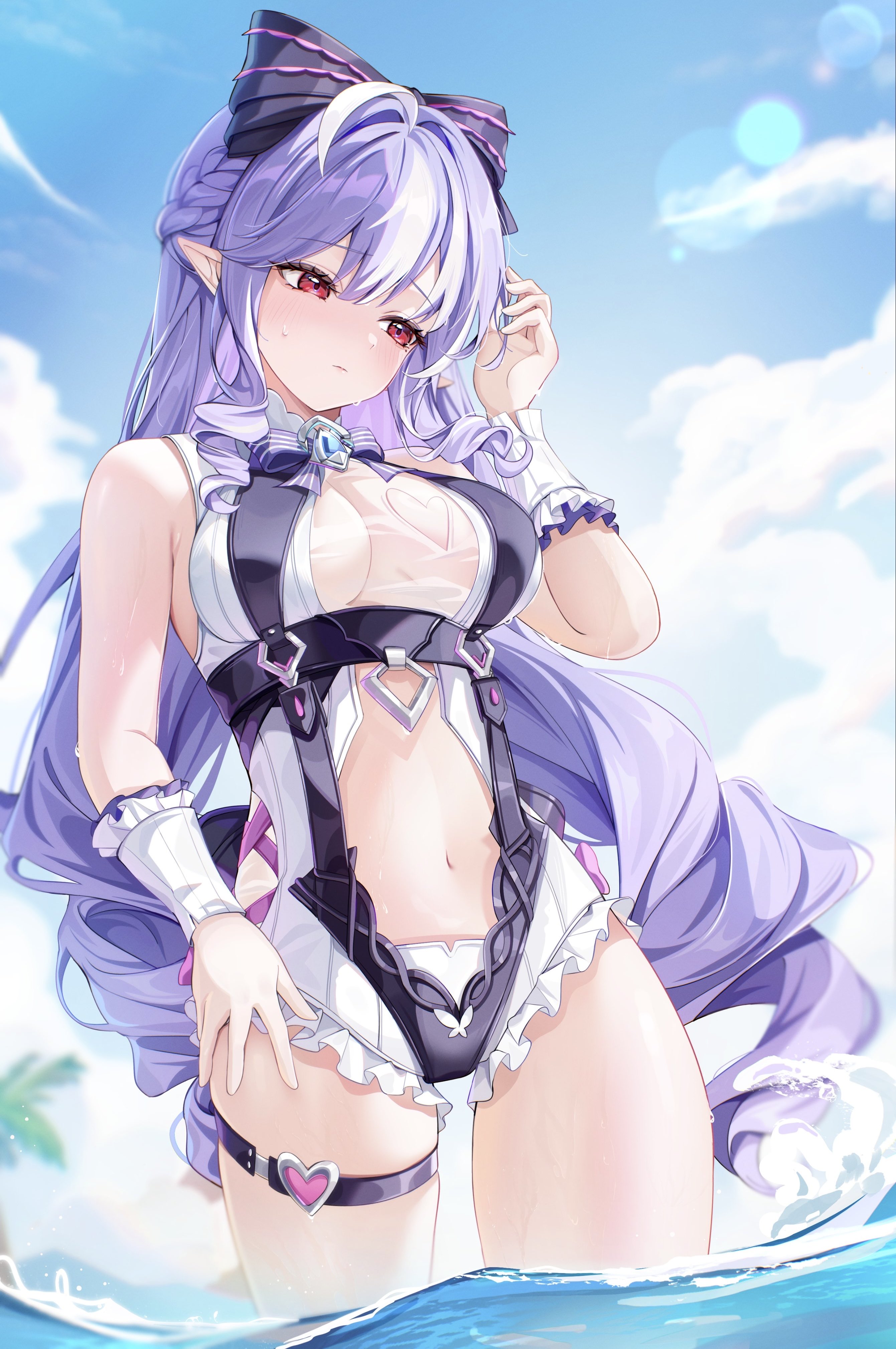 aida noa, vivian banshee, vivian banshee (iris of the shore), zenless zone zero, absurdres, commentary request, highres, revision, 1girl, ahoge, bare shoulders, blue sky, blush, bow, bowtie, braid, breasts, casual one-piece swimsuit, cleavage, closed mouth, clothing cutout, day, drill hair, frilled one-piece swimsuit, frilled wrist cuffs, frills, hair bow, half up braid, hand up, heart cutout, large breasts, long hair, looking down, mole, mole under eye, multicolored hair, navel, official alternate costume, one-piece swimsuit, outdoors, pointy ears, purple bow, purple bowtie, purple hair, red eyes, sidelocks, sky, solo, stomach, stomach cutout, streaked hair, swimsuit, thigh strap, two-tone one-piece swimsuit, very long hair, wading, white one-piece swimsuit, wrist cuffs