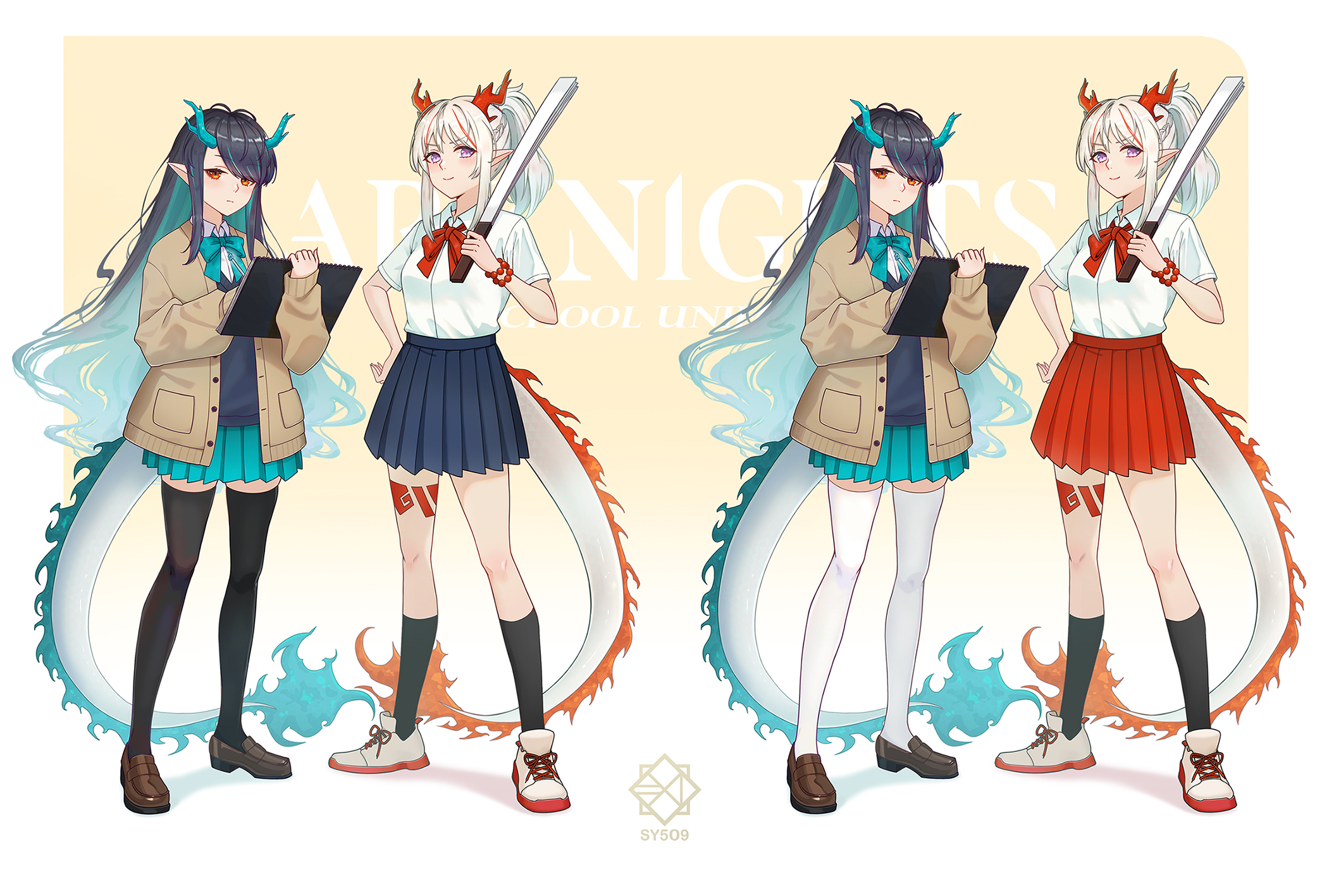 sy509, dusk (arknights), nian (arknights), arknights, commentary, english commentary, highres, 2girls, alternate costume, aqua bow, aqua bowtie, aqua hair, aqua skirt, beads, black hair, black skirt, black socks, black sweater, black thighhighs, border, bow, bowtie, brown cardigan, brown shoes, buttons, cardigan, closed mouth, collared shirt, colored inner hair, copyright name, dragon girl, dragon horns, dragon tail, expressionless, full body, hand on own hip, holding, holding notebook, horns, kneehighs, light blush, light smile, loafers, long hair, long sleeves, looking at viewer, miniskirt, multicolored hair, multiple girls, multiple views, notebook, open cardigan, open clothes, orange eyes, outside border, pink eyes, pleated skirt, pointy ears, ponytail, red bow, red bowtie, red hair, school uniform, shirt, shirt tucked in, shoes, short hair, short sleeves, siblings, sidelocks, sisters, skirt, sneakers, socks, standing, streaked hair, sweater, tail, thighhighs, unbuttoned, white border, white hair, white shirt, white shoes, white thighhighs