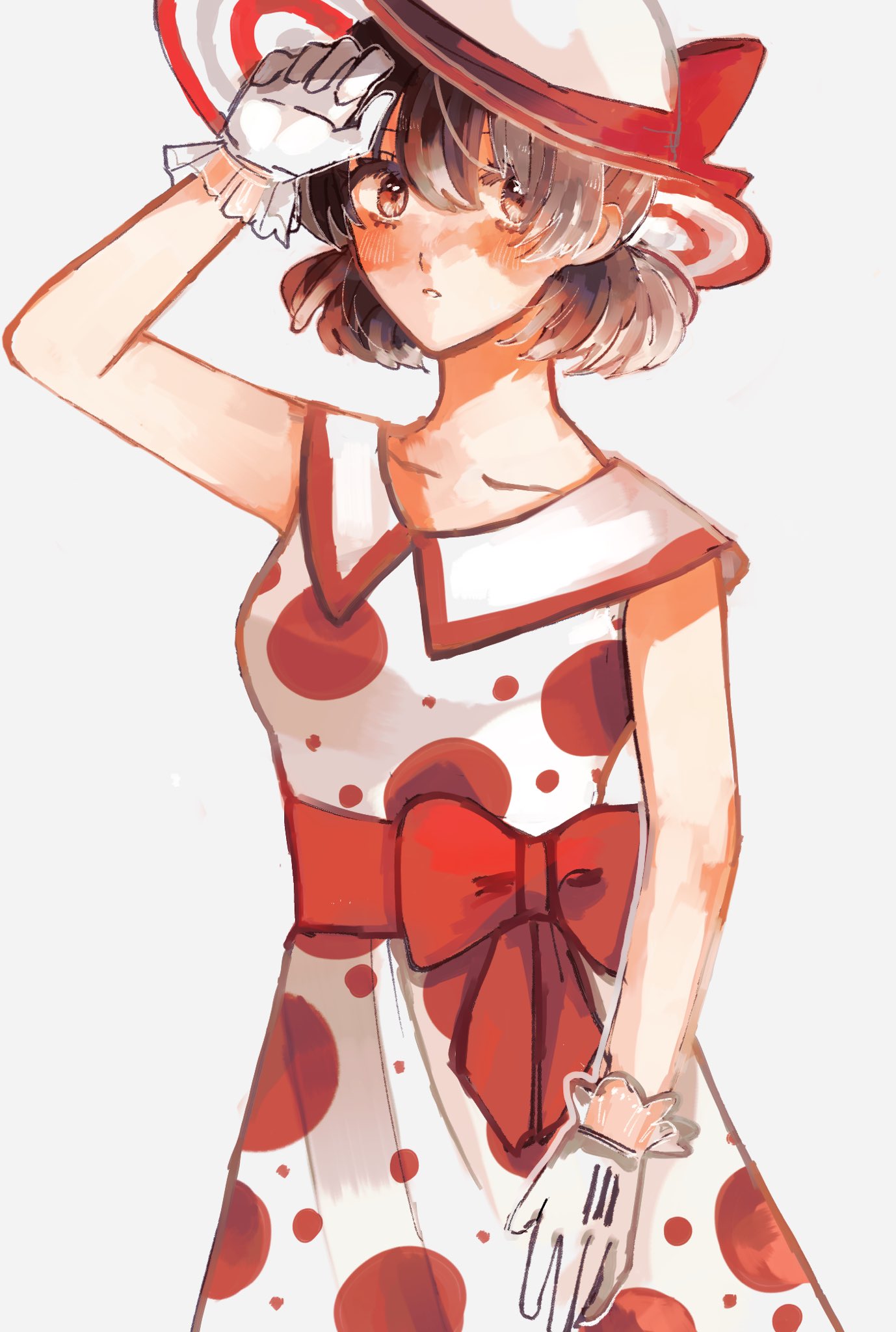 47music2, minnie mouse, mickey mouse & friends, highres, 1girl, animification, black hair, dress, eyelashes, gloves, hat, humanization, looking at viewer, personification, polka dot, polka dot dress, short hair, simple background, solo, upper body, white background