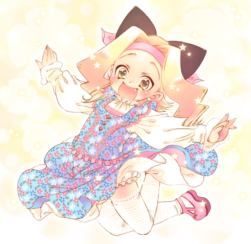 sumachii, muta ninini, ninini, original, bad id, bad pixiv id, 1girl, animal ears, blonde hair, bloomers, cat ears, dress, fang, female focus, floral print, jumping, open mouth, solo, thighhighs, underwear, white thighhighs