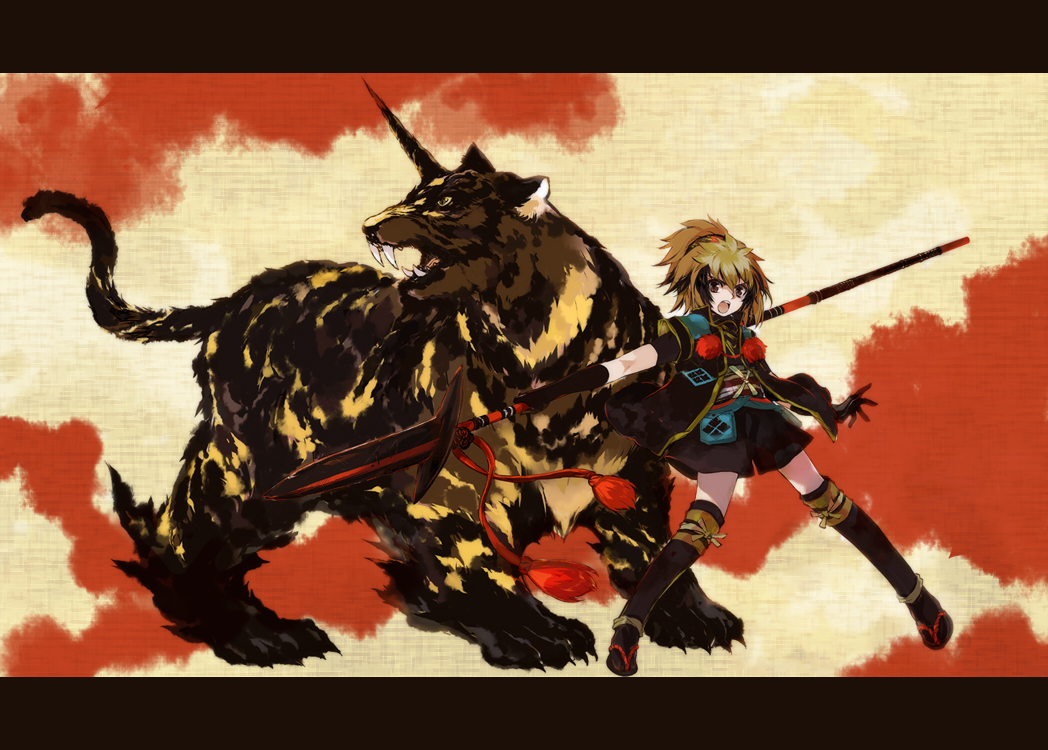 ni (2shi), pixiv fantasia, pixiv fantasia 2, bad id, bad pixiv id, 1girl, brown eyes, brown hair, female focus, letterboxed, polearm, shorts, solo, spear, thighhighs, tiger, weapon