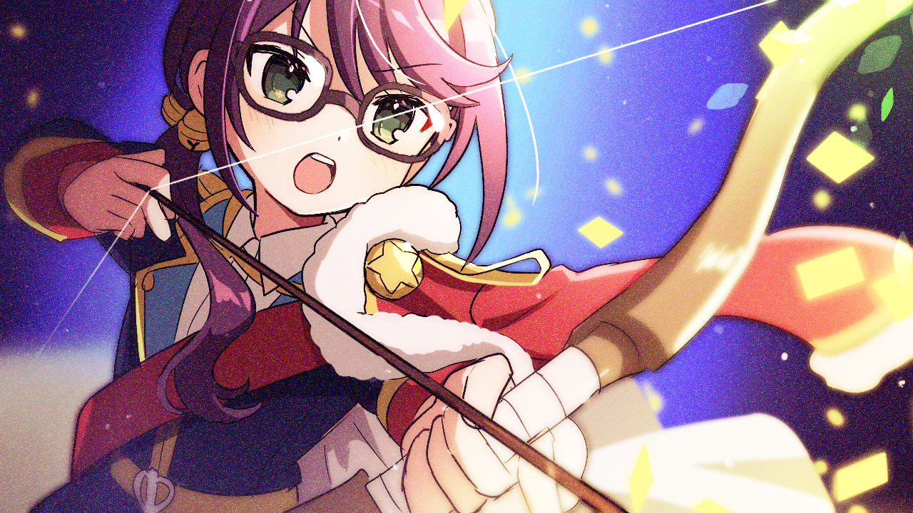 shuu (syuuuuuuuuuu), hoshimi junna, shoujo kageki revue starlight, commentary request, 1girl, aiming, bell, black-framed eyewear, blue background, blue jacket, blush, bow (weapon), cloak, glasses, green eyes, hair bell, hair ornament, holding, holding bow (weapon), holding weapon, jacket, long hair, long sleeves, open mouth, purple hair, red cloak, solo, upper body, v-shaped eyebrows, weapon, wing collar