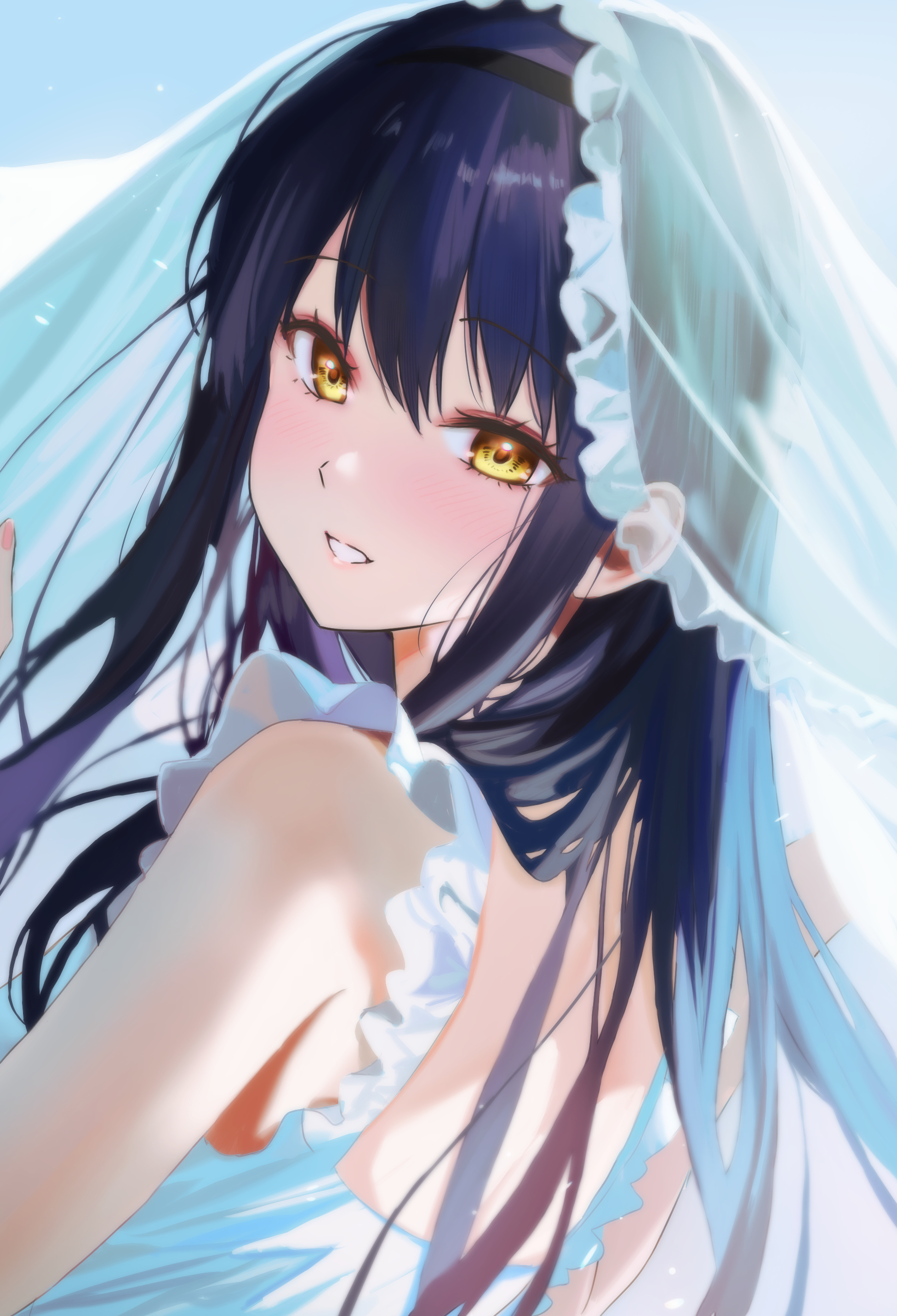 miiizuno lbs, kushima kamome, summer pockets, absurdres, commentary request, highres, 1girl, adapted costume, back, bare shoulders, black hair, black hairband, blush, dress, eyelashes, floating hair, frilled dress, frilled veil, frills, from behind, hair between eyes, hair over shoulder, hairband, happy, lips, long hair, looking at viewer, looking back, parted lips, sleeveless, sleeveless dress, smile, solo, straight hair, sundress, tsurime, upper body, veil, white dress, white veil, yellow eyes