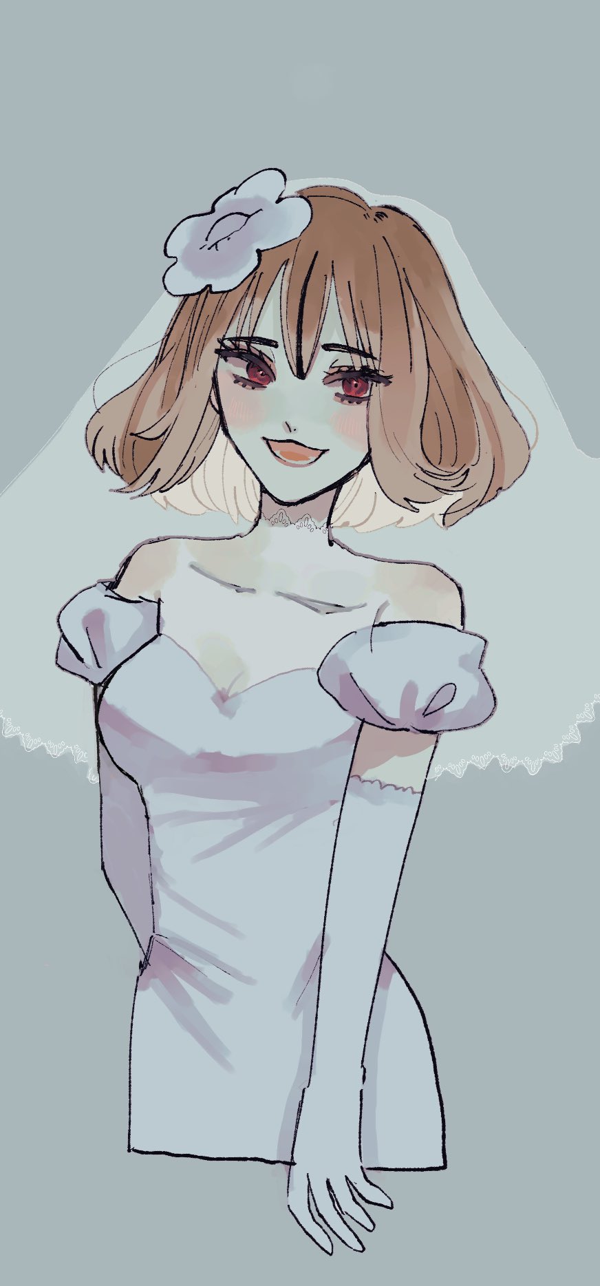 47music2, clarice (disney), mickey mouse & friends, highres, 1girl, animification, bridal veil, brown hair, dress, eyelashes, gloves, humanization, looking at viewer, open mouth, personification, short hair, solo, upper body, veil, wedding dress