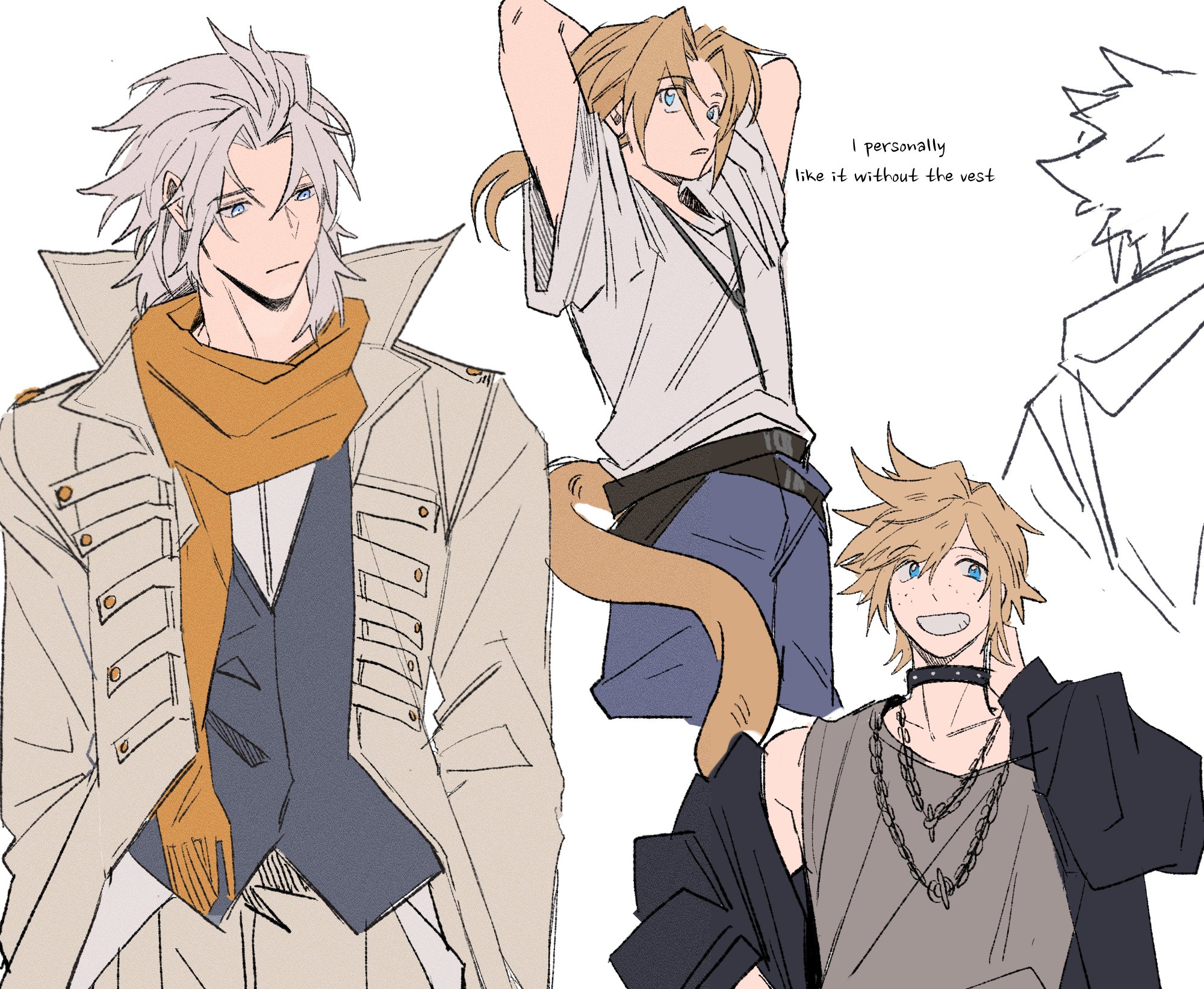 garbage paper, cloud strife, prompto argentum, warrior of light (ff1), zidane tribal, dissidia final fantasy, final fantasy, final fantasy i, final fantasy ix, final fantasy xv, commentary, english commentary, highres, arms behind head, belt, black belt, black jacket, blonde hair, blue eyes, blue pants, closed mouth, coat, cowboy shot, dissidia duellum final fantasy, freckles, grey hair, grey tank top, grey vest, grin, hair between eyes, hand on own neck, hood, hood down, hooded coat, jacket, jewelry, low ponytail, male focus, medium hair, necklace, official alternate costume, orange scarf, pants, parted bangs, parted lips, ponytail, scarf, shirt, short hair, smile, spiked hair, studded choker, tank top, teeth, upper body, vest, waistcoat, white background, white coat, white shirt