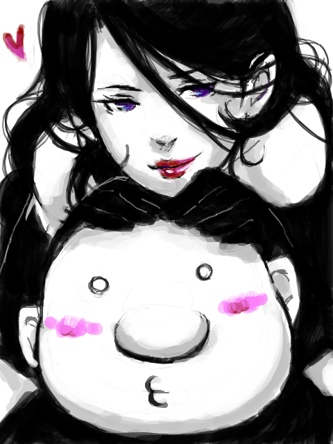 gluttony (fma), lust (fma), fullmetal alchemist, homunculus, 00s, 1boy, 1girl, bald, bare shoulders, black gloves, black hair, blue eyes, blush, elbow gloves, gloves, heart, leaning on person, lipstick, long hair, makeup, monochrome, o3o, purple eyes, red lips, smile, spot color, tegaki, wavy hair