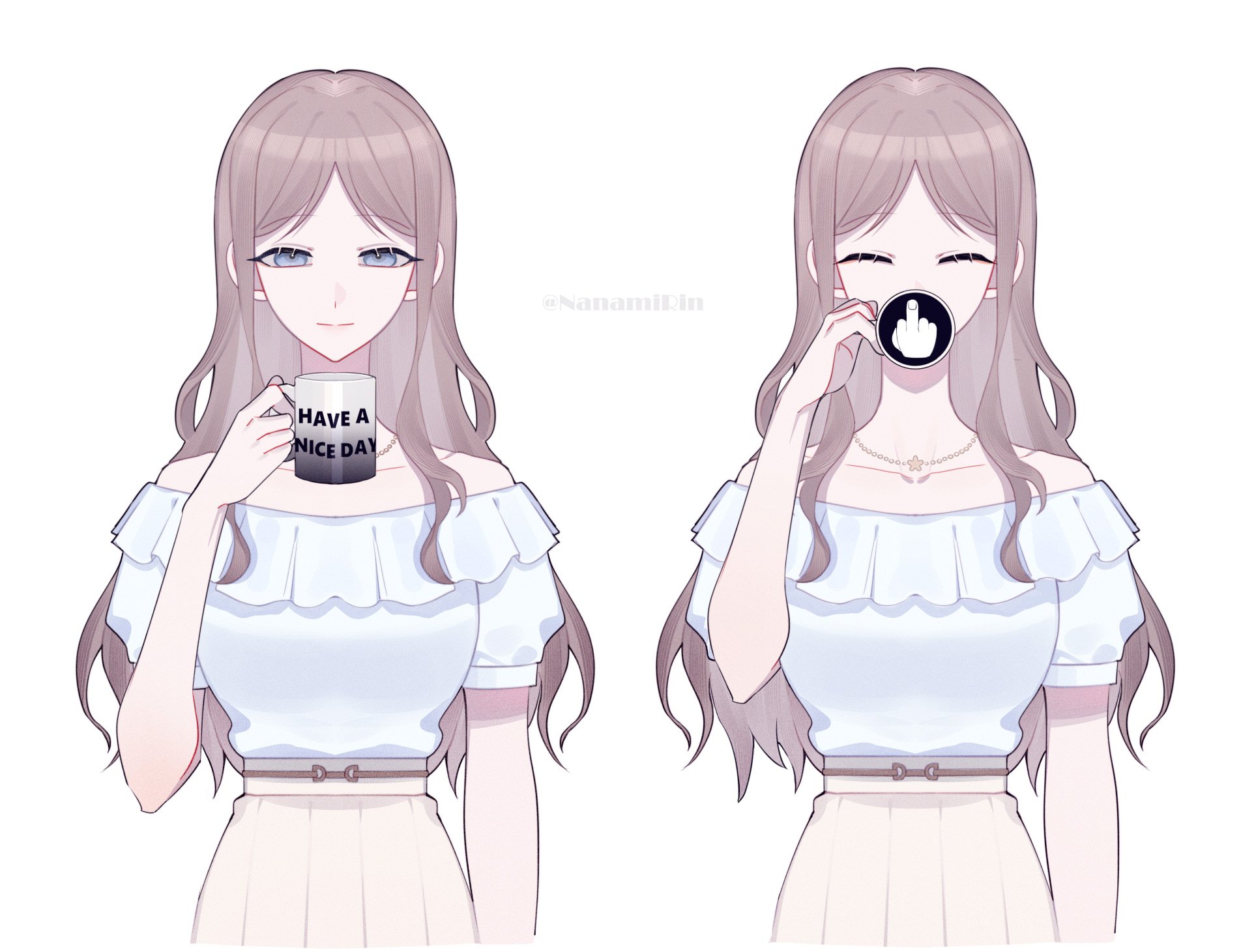 nanamirin5, nagasaki soyo, bang dream!, bang dream! it's mygo!!!!!, highres, 1girl, blue eyes, brown hair, closed eyes, closed mouth, frilled shirt, frills, have a nice day coffee mug (meme), jewelry, long hair, meme, necklace, off-shoulder shirt, off shoulder, pleated skirt, shirt, sidelocks, simple background, skirt, twitter username, upper body, white background, white shirt