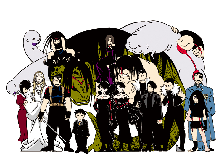 yuusura, dante (fma), envy (fma), father (fma), gluttony (fma), greed (fma), juliet douglas, king bradley, ling yao, lust (fma), lyra (fma), pride (fma), selim bradley, sloth (fma), wrath (fma), wrath curtis, fullmetal alchemist, homunculus, spoilers, 00s, 4girls, 6+boys, bald, bare shoulders, beard, black dress, black gloves, black hair, blonde hair, blunt bangs, bob cut, brown hair, closed eyes, coat, crossed arms, dress, dual persona, everyone, eyepatch, facial hair, fat, formal clothes, fur trim, gloves, grin, hair over one eye, hand on own hip, headband, long hair, midriff, military, military uniform, monster, multiple boys, multiple girls, muscular, mustache, overcoat, ponytail, purple dress, purple gloves, sharp teeth, short hair, shorts, sitting, skin tight, skirt, sleeveless, smile, spiked hair, strapless, strapless dress, suit, sword, tattoo, teeth, time paradox, vest, wavy hair, weapon, wristband