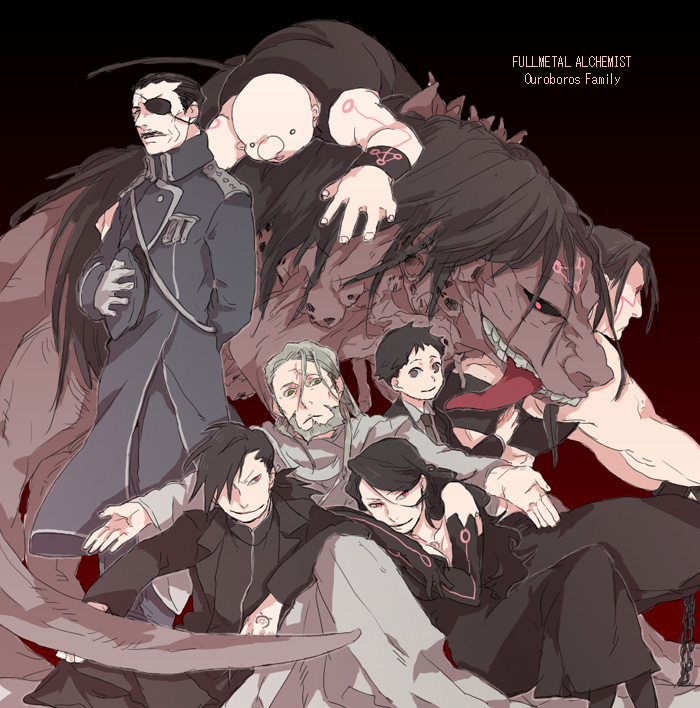 tsuneko (trauma), envy (fma), father (fma), gluttony (fma), greed (fma), king bradley, lust (fma), pride (fma), selim bradley, sloth (fma), wrath (fma), fullmetal alchemist, homunculus, bad id, bad pixiv id, spoilers, 00s, 1girl, 6+boys, black hair, monster, multiple boys, red eyes