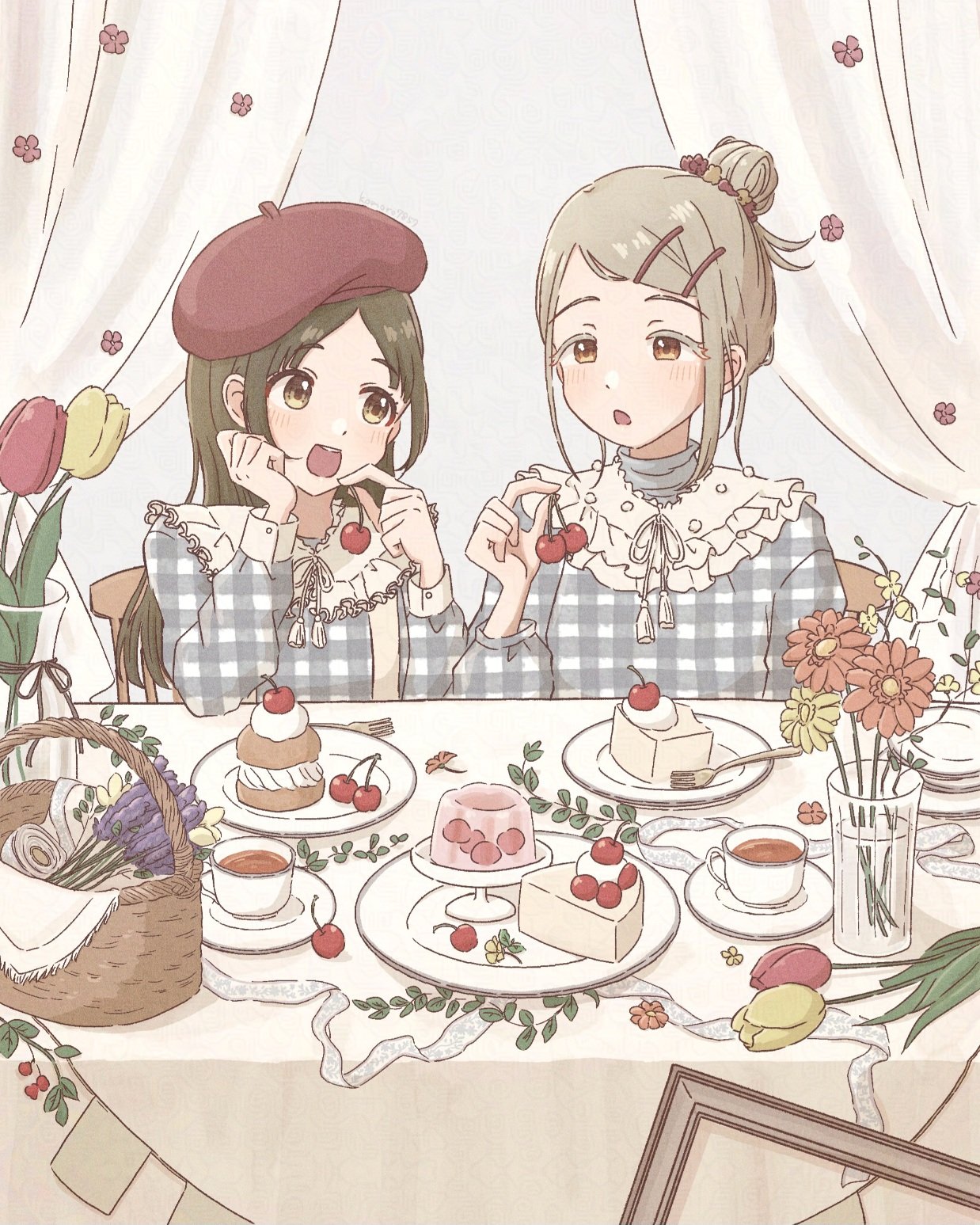 komoro7857, kuramoto china, shinosawa hiro, gakuen idolmaster, idolmaster, commentary request, highres, 2girls, alternate hairstyle, basket, beret, blunt ends, blush, brown hair, cake, cake slice, chair, cherry, collar, colored eyelashes, cup, curtains, detached collar, flower, flower wreath, folded ponytail, food, fork, frilled collar, frills, fruit, gelatin, gingham, gingham shirt, grey hair, hair ornament, hairclip, hand up, hands up, hat, holding, holding food, holding fruit, long hair, long sleeves, looking at another, looking at object, looking to the side, multiple girls, neck ribbon, on chair, open mouth, orange eyes, orange flower, parallel hairclips, parted bangs, picture frame, plate, purple flower, red flower, red hat, red tulip, ribbon, saucer, short hair, sidelocks, sitting, strawberry, strawberry shortcake, table, tea, teacup, tulip, twitter username, unmoving pattern, upper body, vase, white collar, white ribbon, yellow flower, yellow tulip