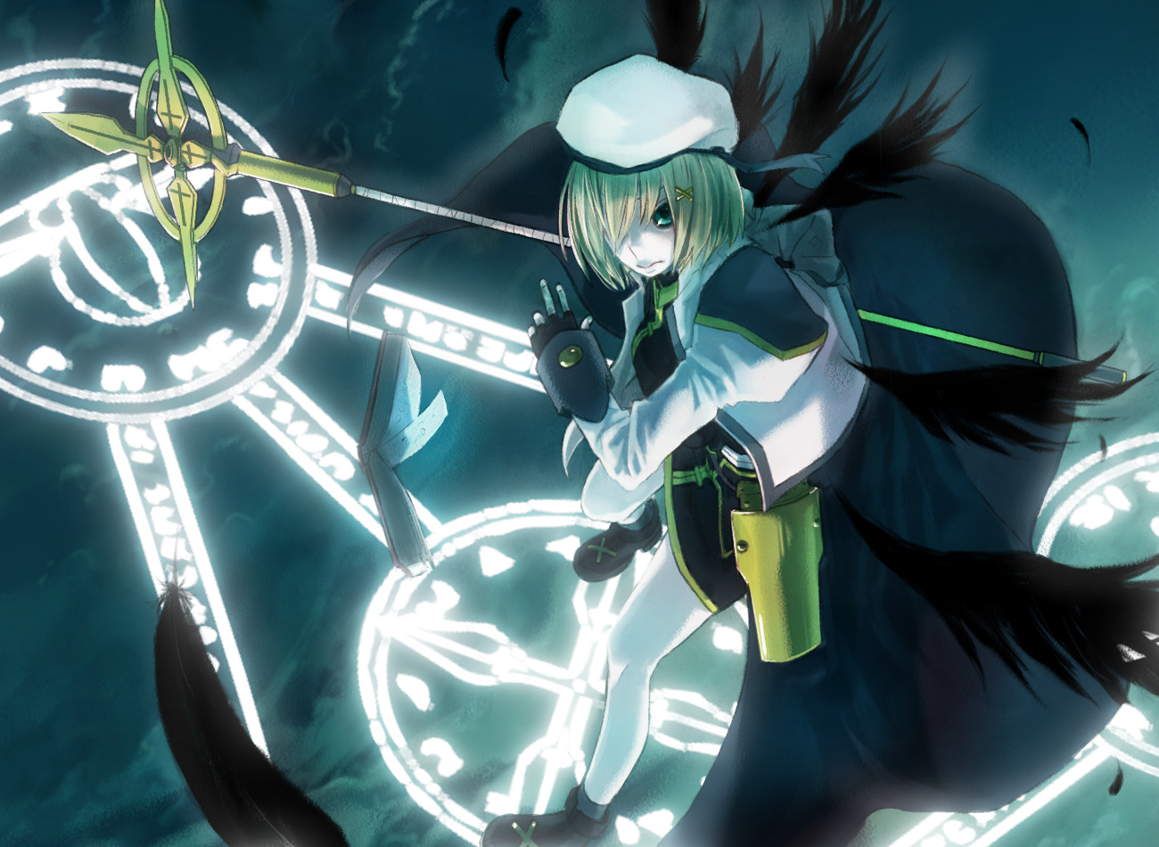 schwertkreuz, yagami hayate, lyrical nanoha, mahou shoujo lyrical nanoha, mahou shoujo lyrical nanoha a's, 00s, 1girl, blonde hair, blue eyes, female focus, hair ornament, short hair, solo, staff, wings, x hair ornament