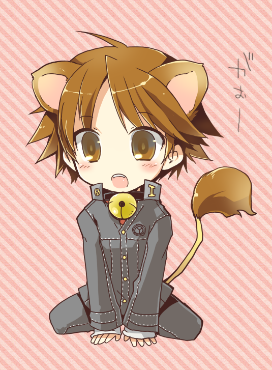 kamiyoshi rika, hanamura yousuke, atlus, persona, persona 4, striped, 1boy, all fours, animal ears, bell, blush, brown eyes, brown hair, collar, jingle bell, kemonomimi mode, lion ears, male focus, neck bell, open mouth, school uniform, solo, tail