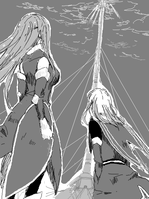 tayura, jade curtiss, tear grants, tales of (series), tales of the abyss, bad id, bad pixiv id, 00s, 1boy, 1girl, back, cloud, from behind, gloves, greyscale, long hair, monochrome, sky, tower