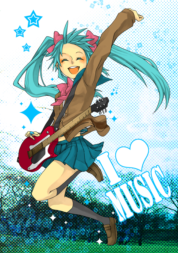 momoiro oji, hatsune miku, vocaloid, black socks, cardigan, cloud, english text, guitar, happy, instrument, jumping, kneehighs, legs, loafers, long hair, park, plectrum, ribbon, school uniform, shoes, skirt, socks, solo, sparkle, star (symbol), sweater, text focus, tree, twintails
