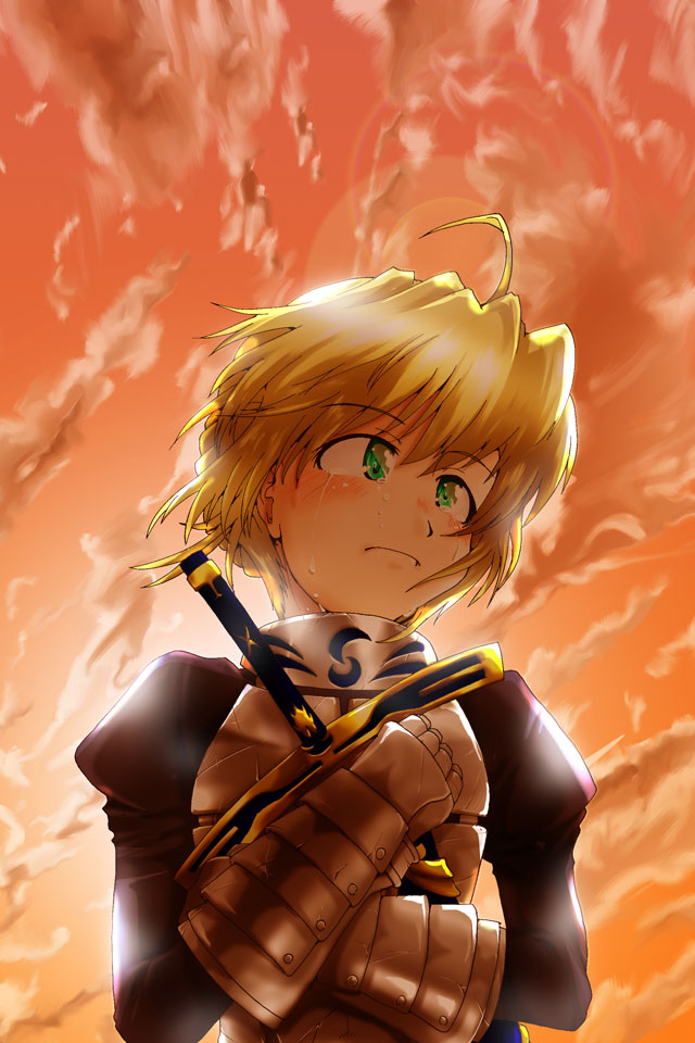 asatana, artoria pendragon (fate), saber (fate), fate/stay night, fate (series), 00s, armor, blonde hair, caliburn (fate), excalibur (fate/stay night), green eyes, sheath, sheathed, sky, solo, sword, tears, weapon