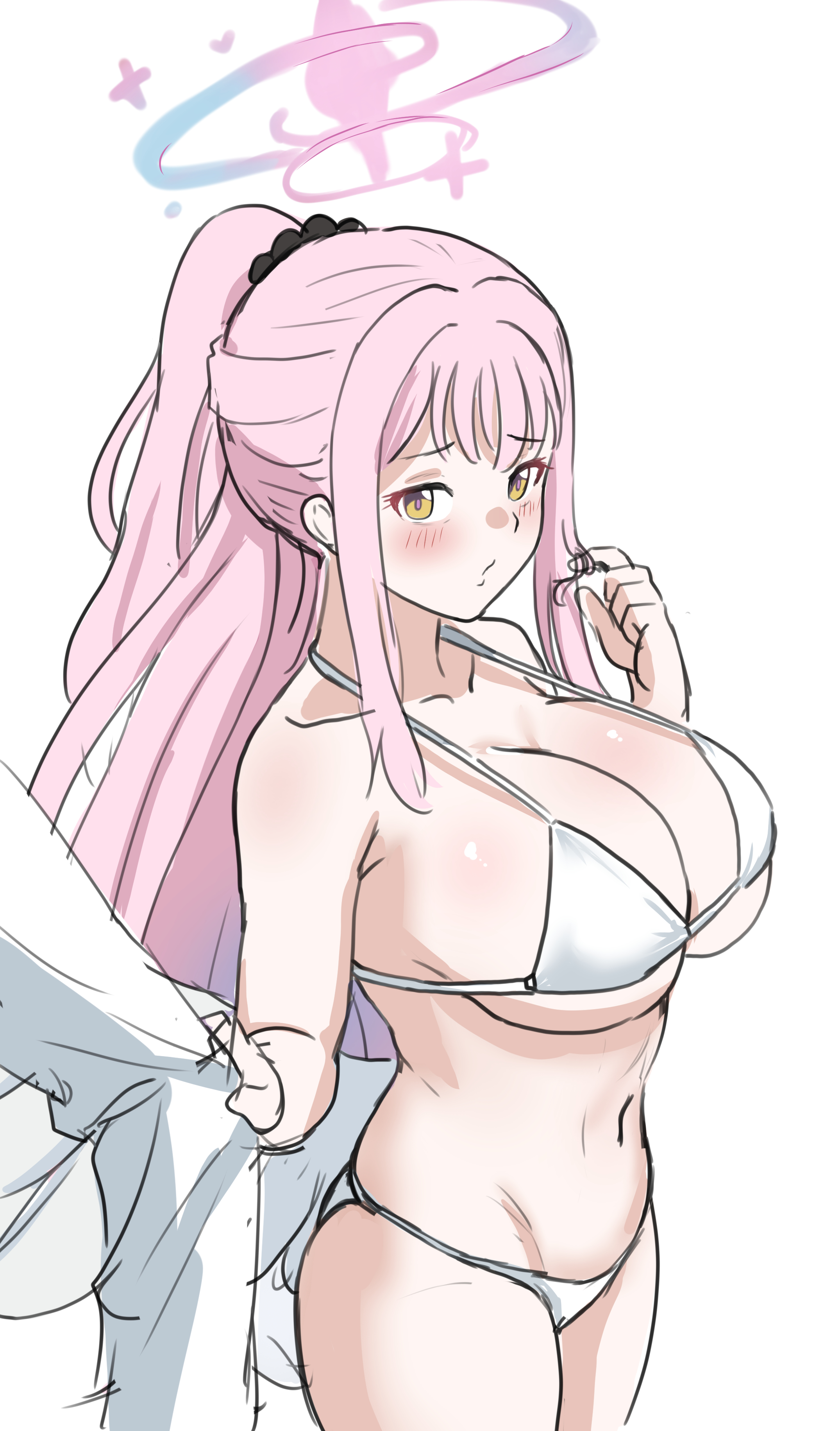 kiru (bsesso), mika (blue archive), mika (swimsuit) (blue archive), blue archive, absurdres, highres, 1girl, bikini, black scrunchie, blush, breasts, cleavage, from side, grabbing another's sleeve, halo, huge breasts, long hair, navel, pink hair, ponytail, scrunchie, sleeve pull, standing, swimsuit, twirling hair, white background, white bikini, yellow eyes