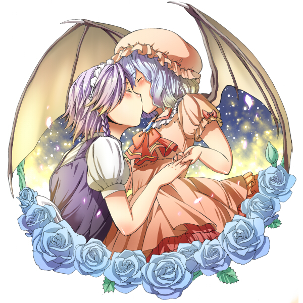 inuzuka bouru, izayoi sakuya, remilia scarlet, touhou, bad id, bad pixiv id, 2girls, bat wings, blue hair, blush, braid, closed eyes, female focus, flower, hat, holding hands, kiss, mob cap, multiple girls, rose, short hair, wings, yuri
