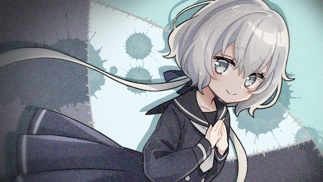shuu (syuuuuuuuuuu), konno junko, zombie land saga, commentary request, 1girl, black sailor collar, black serafuku, black shirt, black skirt, blush, closed mouth, drop shadow, grey eyes, grey hair, hair between eyes, hands on own chest, long hair, looking at viewer, low twintails, necktie, pleated skirt, sailor collar, school uniform, serafuku, shirt, skirt, smile, solo, twintails, upper body, white necktie