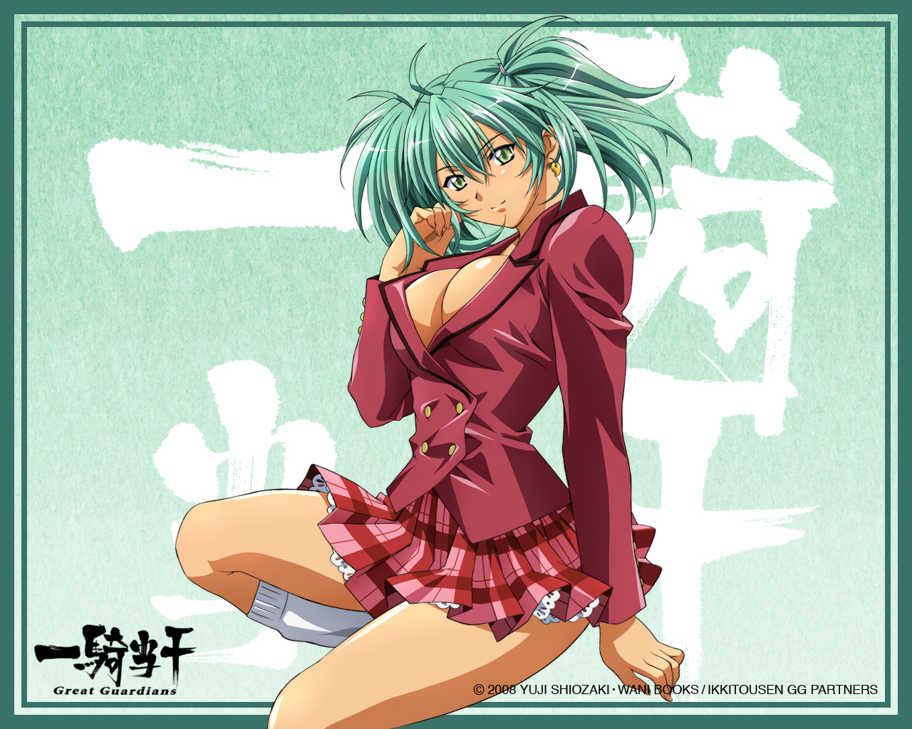 rin-sin, ryofu housen, ikkitousen, ikkitousen great guardians, official art, official wallpaper, 00s, 1girl, adjusting hair, ahoge, arm support, blazer, border, breasts, bursting breasts, buttons, cleavage, copyright name, dated, earrings, female focus, gradient background, green eyes, green hair, hair between eyes, head tilt, jacket, jewelry, kneehighs, lace, large breasts, light smile, logo, long sleeves, looking at viewer, loose socks, magatama, magatama earrings, matching hair/eyes, miniskirt, no bra, plaid clothes, plaid skirt, pleated skirt, school uniform, short twintails, sitting, skirt, smile, socks, solo, tan, twintails, white socks