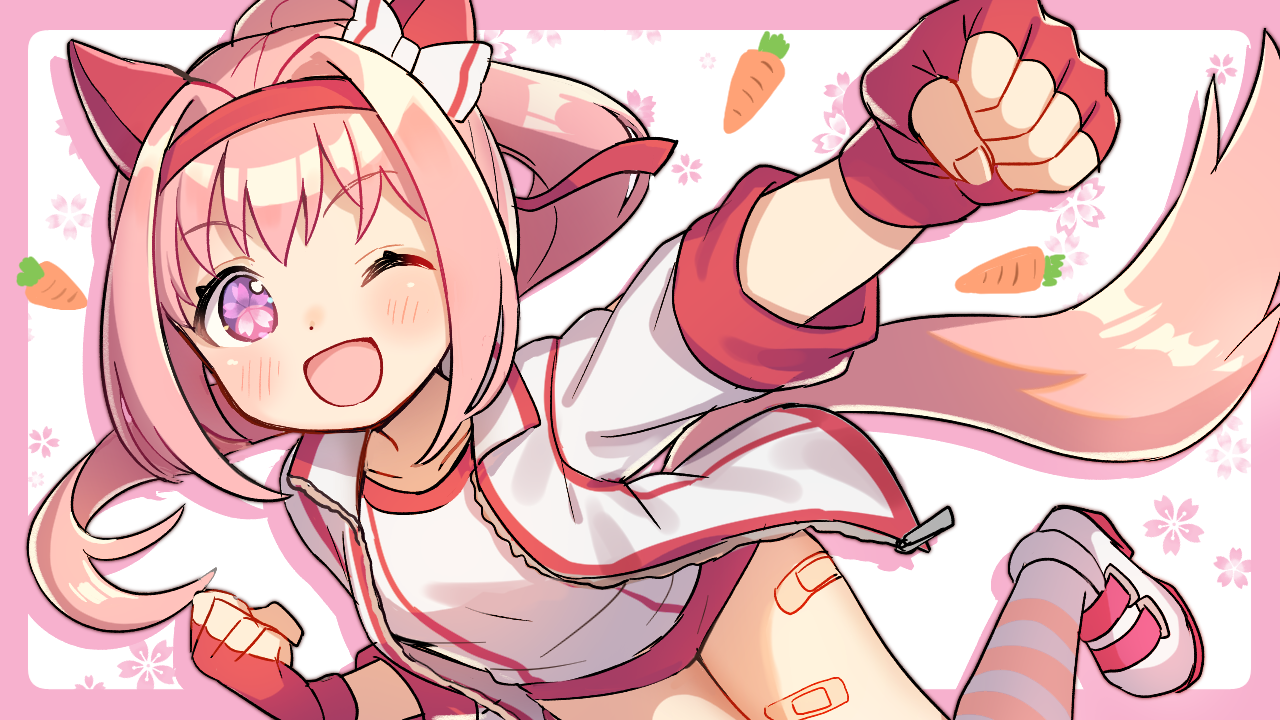 shuu (syuuuuuuuuuu), haru urara (umamusume), umamusume, commentary request, 1girl, ;d, animal ears, bandaid, bandaid on leg, blush, border, bow, buruma, carrot, clenched hands, cowboy shot, dot nose, drop shadow, ear bow, ear covers, fingerless gloves, flower-shaped pupils, gloves, hairband, horse ears, horse girl, horse tail, jacket, long hair, long sleeves, looking at viewer, one eye closed, open clothes, open jacket, open mouth, outside border, outstretched arm, pink border, pink eyes, pink hair, ponytail, red buruma, red gloves, red hairband, shirt, shoes, simple background, smile, socks, solo, striped clothes, striped socks, symbol-shaped pupils, tail, white background, white bow, white shirt, white shoes, white socks