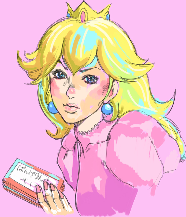 kazaana, princess peach, jojo no kimyou na bouken, mario (series), nintendo, 1girl, blonde hair, blue eyes, controller, crown, earrings, famicom, famicom cart, famicom cartridge, female focus, game cartridge, game console, jewelry, long hair, nail polish, parody, pink nails, realistic, solo
