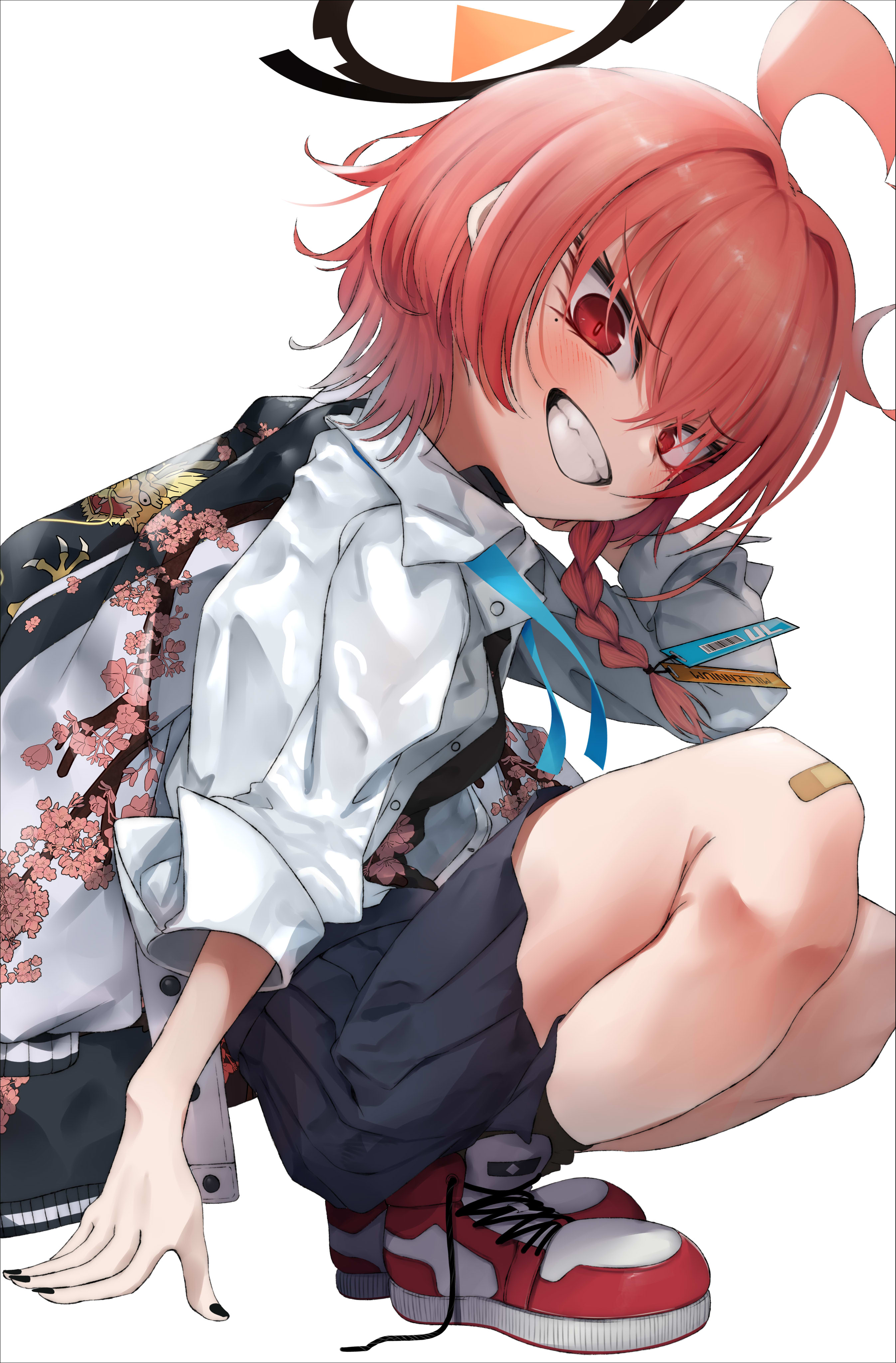 beriko (dotera house), neru (blue archive), neru (school uniform) (blue archive), blue archive, absurdres, commentary, highres, 1girl, ahoge, bandaid, bandaid on knee, bandaid on leg, blush, braid, grin, hair between eyes, halo, huge ahoge, jacket, looking at viewer, mole, mole under each eye, mole under eye, multiple moles, official alternate costume, open clothes, open jacket, red eyes, red hair, short hair, side braid, simple background, single braid, smile, solo, sukajan, v-shaped eyebrows, white background
