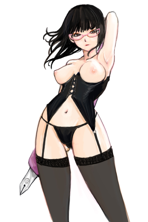 kazaana, original, 1girl, armpits, black hair, black panties, breasts, female focus, glasses, large breasts, long hair, navel, panties, pen, solo, thighhighs, underwear