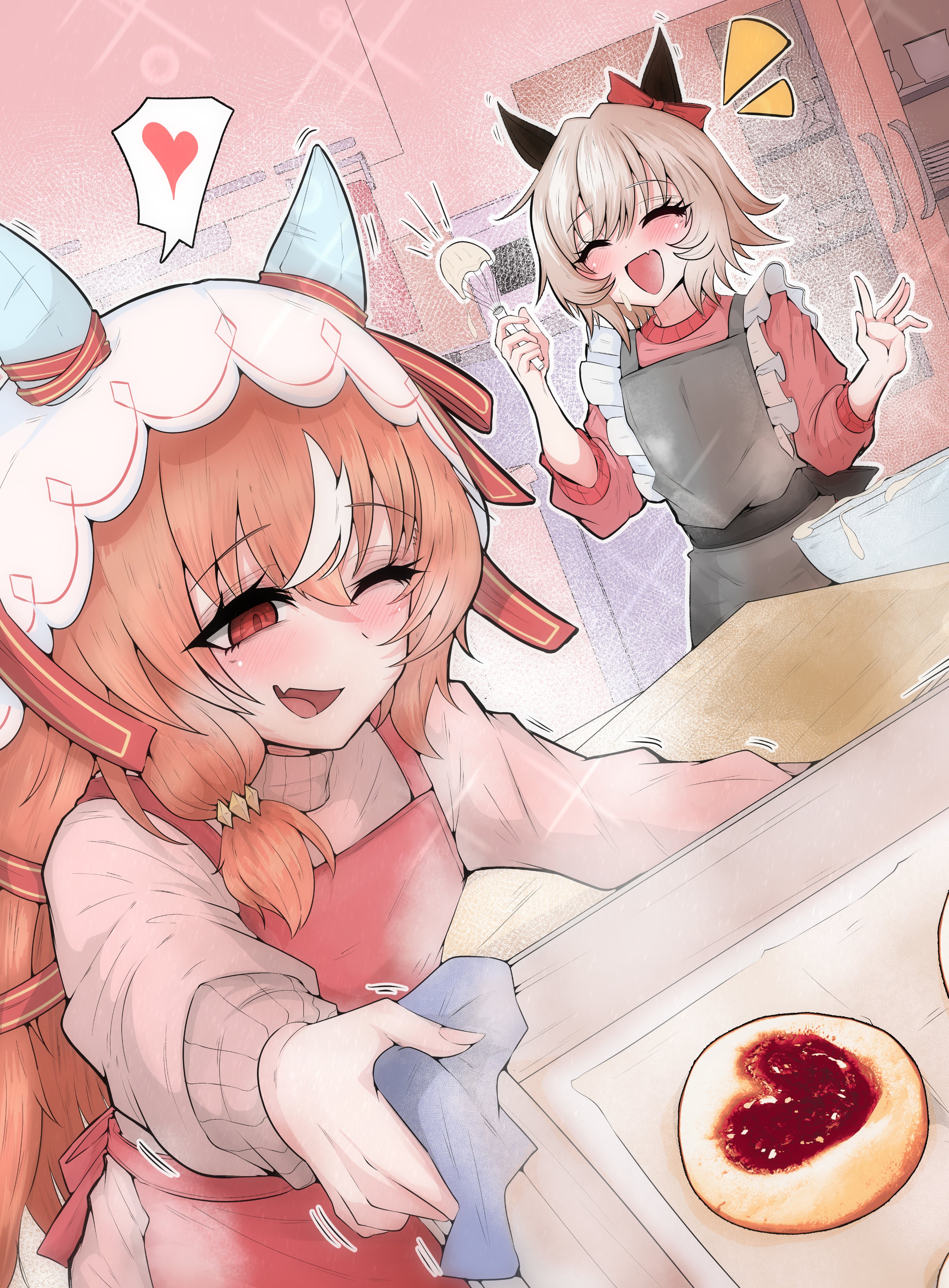 mayoa, curren chan (umamusume), still in love (umamusume), umamusume, absurdres, commentary, english commentary, highres, 2girls, animal ears, apron, blush, bow, brown hair, choppy bangs, closed eyes, cookie, cooking, ear bow, fang, food, grey apron, grey hair, hair between eyes, heart, holding, holding tray, holding whisk, horse ears, horse girl, long hair, long sleeves, multiple girls, notice lines, one eye closed, open mouth, pink sweater, red apron, red bow, red eyes, red sweater, short hair, skin fang, smile, speech bubble, spoken heart, sweater, tray, veil, whisk