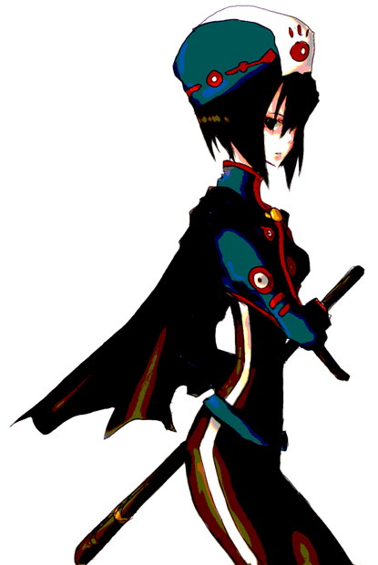 himeno (omega13), chloe valens, tales of (series), tales of legendia, 1girl, black hair, bob cut, bodysuit, brown eyes, brown hair, cape, cropped jacket, female focus, hat, short hair, solo, sword, weapon, white background