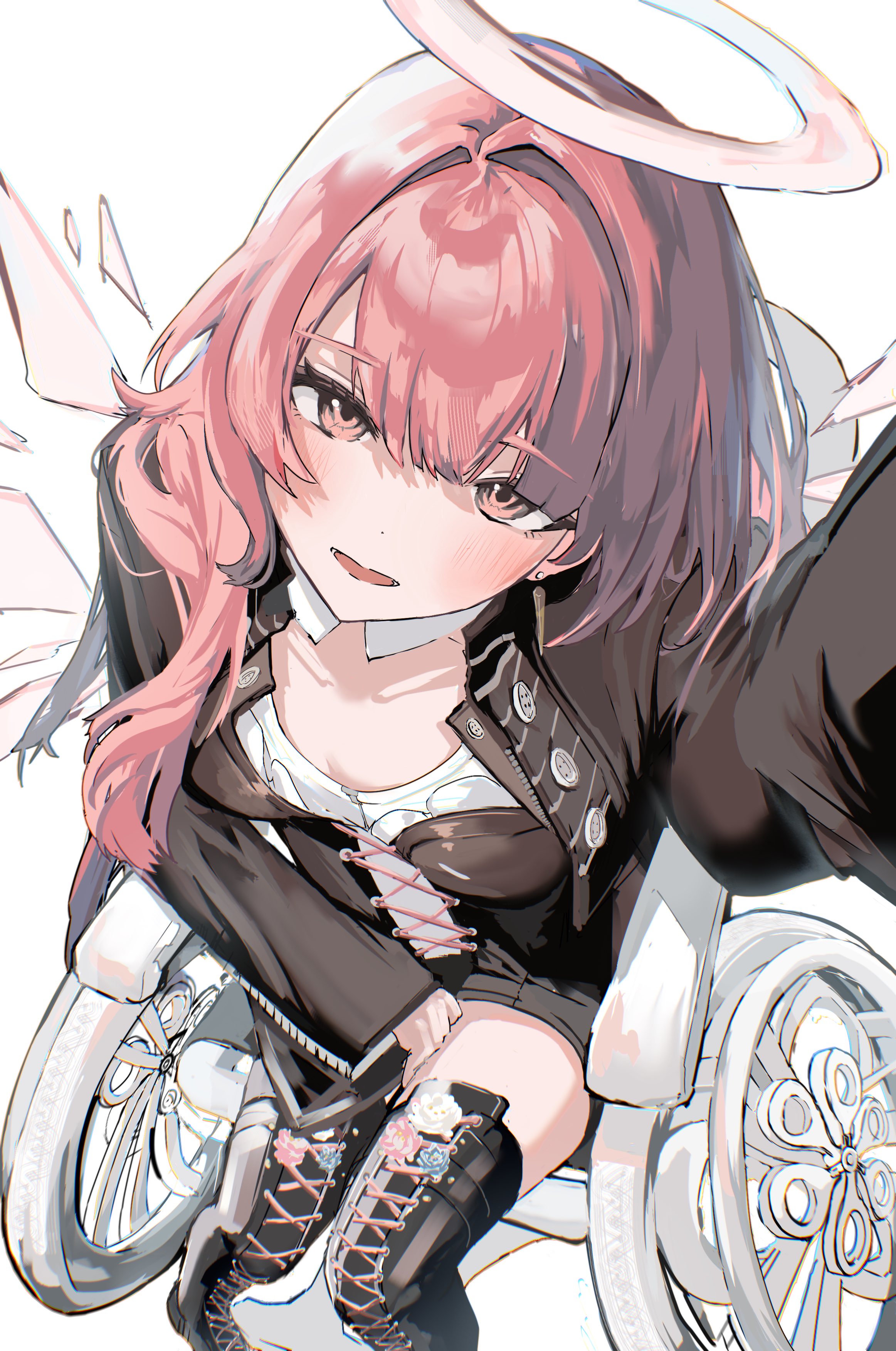 lemuen (arknights), arknights, absurdres, highres, black dress, black jacket, boots, cropped jacket, dress, energy wings, from above, halo, jacket, light smile, long hair, open mouth, petraruruka, pink eyes, pink hair, shirt, simple background, thigh boots, wheelchair, wings