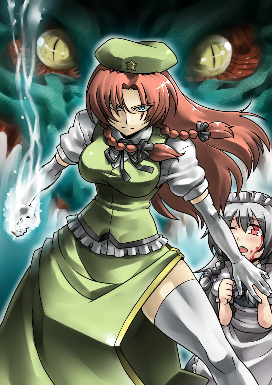 tukiwani, ex-meiling, hong meiling, izayoi sakuya, immaterial and missing power, touhou, highres, 2girls, aged down, angry, aura, blood, blue eyes, bow, braid, china dress, chinese clothes, dragon, dress, elbow gloves, female focus, gloves, hair bow, hat, injury, long hair, maid headdress, multiple girls, one eye closed, protecting, red hair, ribbon, slit pupils, thighhighs, thighs, twin braids, wink