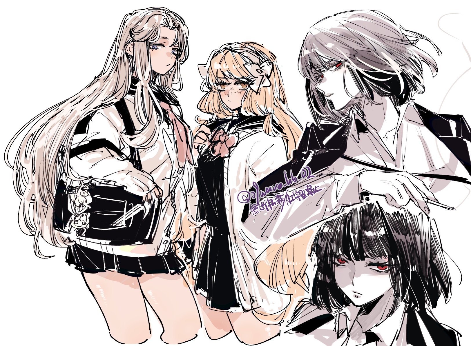 ishmael (project moon), rodion (project moon), ryoshu (project moon), limbus company, project moon, highres, 3girls, black bag, black hair, black nails, black shirt, black skirt, blue eyes, bob cut, bow, brown hair, brown hairband, cigarette, coat, coat on shoulders, collared shirt, freckles, gyaru, hair bow, hairband, jacket, jacket on shoulders, long hair, long sleeves, looking at viewer, miniskirt, multiple girls, orange eyes, orange hair, parted bangs, pleated skirt, red bow, red eyes, school uniform, shirt, short hair, sidelocks, simple background, skirt, sleeves past wrists, smoking, sweater, sweater vest, very long hair, vx7givcony78710, white background, white bow, white shirt