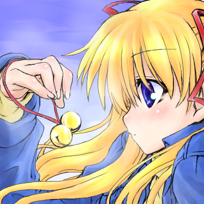 sawatari makoto, kanon, lowres, bell, blonde hair, blue eyes, jingle bell, oekaki, ribbon, solo