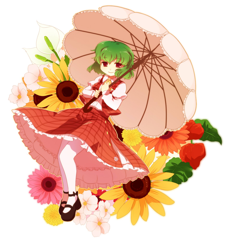 chaba (hortensia), kazami yuuka, touhou, bad id, bad pixiv id, 1girl, anemone (flower), ascot, black shoes, blouse, chinese lantern (plant), collared shirt, dandelion, female focus, flower, footwear bow, frilled umbrella, frills, green hair, holding, holding umbrella, mary janes, pantyhose, parasol, plaid clothes, plaid skirt, plaid vest, red eyes, shirt, shoes, short hair, simple background, skirt, skirt set, solo, sunflower, umbrella, vest, white background, white pantyhose, white shirt, yellow ascot