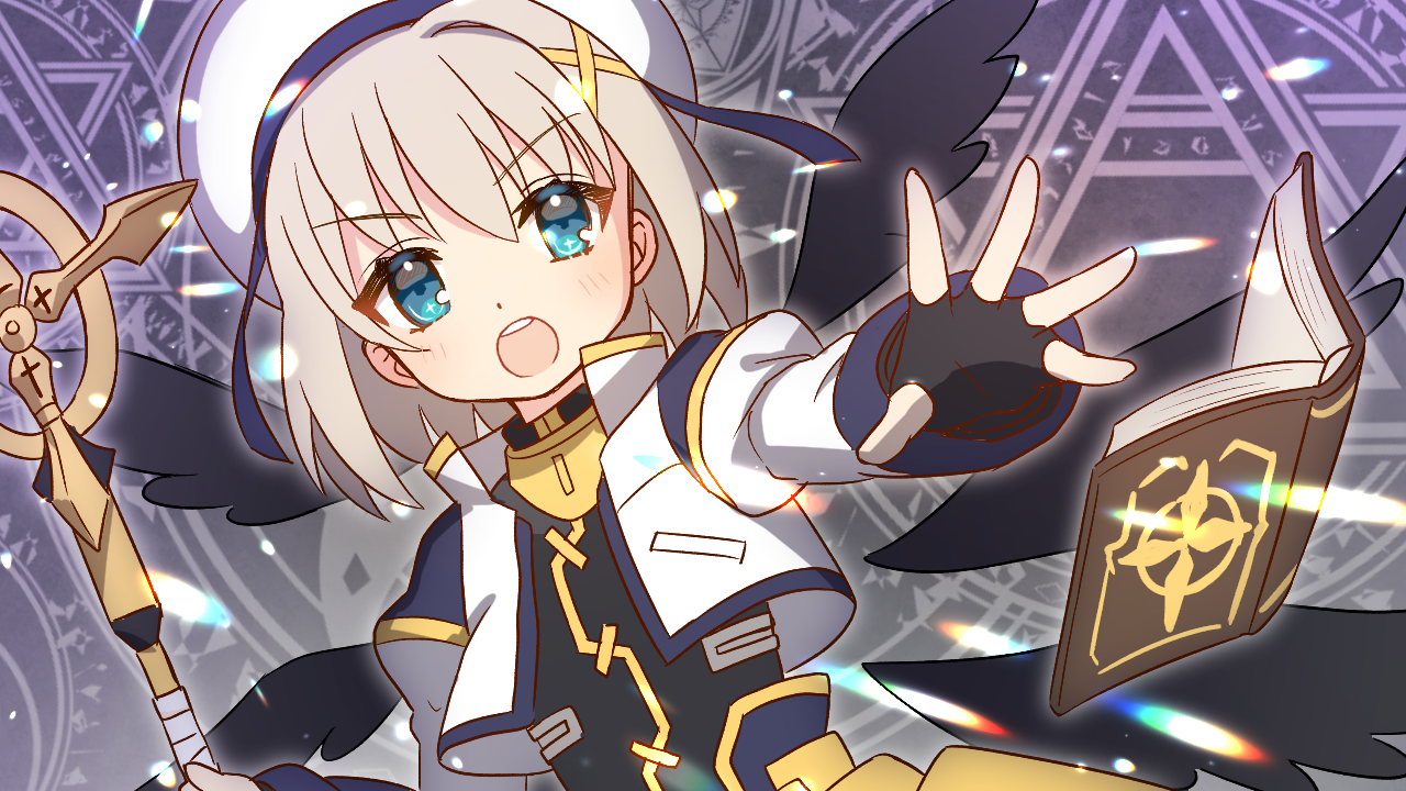 shuu (syuuuuuuuuuu), tome of the night sky, yagami hayate, lyrical nanoha, mahou shoujo lyrical nanoha, mahou shoujo lyrical nanoha a's, commentary request, 1girl, black dress, black gloves, blue eyes, blush, cropped jacket, dress, fingerless gloves, gloves, grey hair, hat, holding, holding staff, jacket, juliet sleeves, long sleeves, open clothes, open jacket, open mouth, outstretched arm, puffy sleeves, short hair, solo, staff, teeth, upper body, upper teeth only, v-shaped eyebrows, white hat