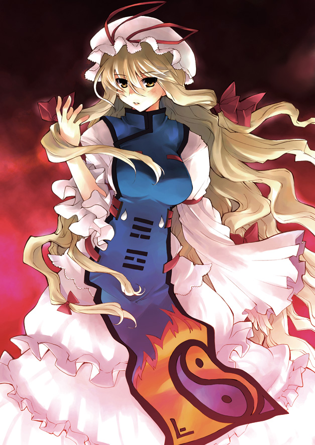 makita yoshiharu, yakumo yukari, touhou, 1girl, blonde hair, breasts, dress, female focus, gradient background, hat, long hair, ribbon, solo, yellow eyes
