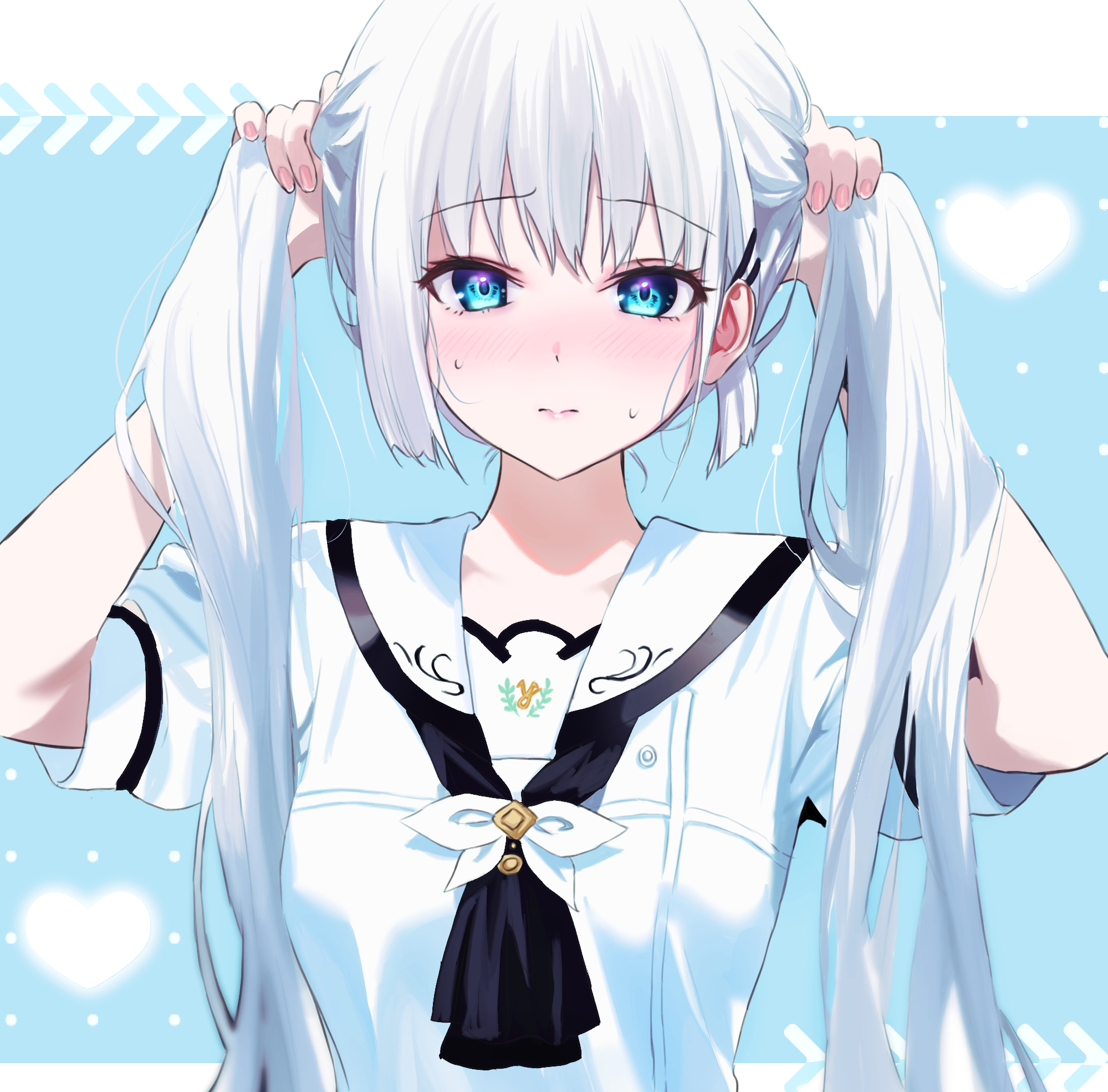 miiizuno lbs, naruse shiroha, summer pockets, commentary, highres, 1girl, 3:, alternate hairstyle, ascot, black ascot, blue background, blue eyes, blunt ends, blush, bunching hair, closed mouth, embarrassed, eyelashes, fingernails, hair behind ear, hair between eyes, hair ornament, hairclip, hands up, heart, holding, holding own hair, lips, long hair, looking at viewer, nose blush, parallel hairclips, puffy short sleeves, puffy sleeves, sailor collar, school uniform, serafuku, shirt, short sleeves, simple background, solo, split mouth, straight hair, summer pockets school uniform, sweatdrop, twintails, upper body, very long hair, white hair, white sailor collar, white shirt