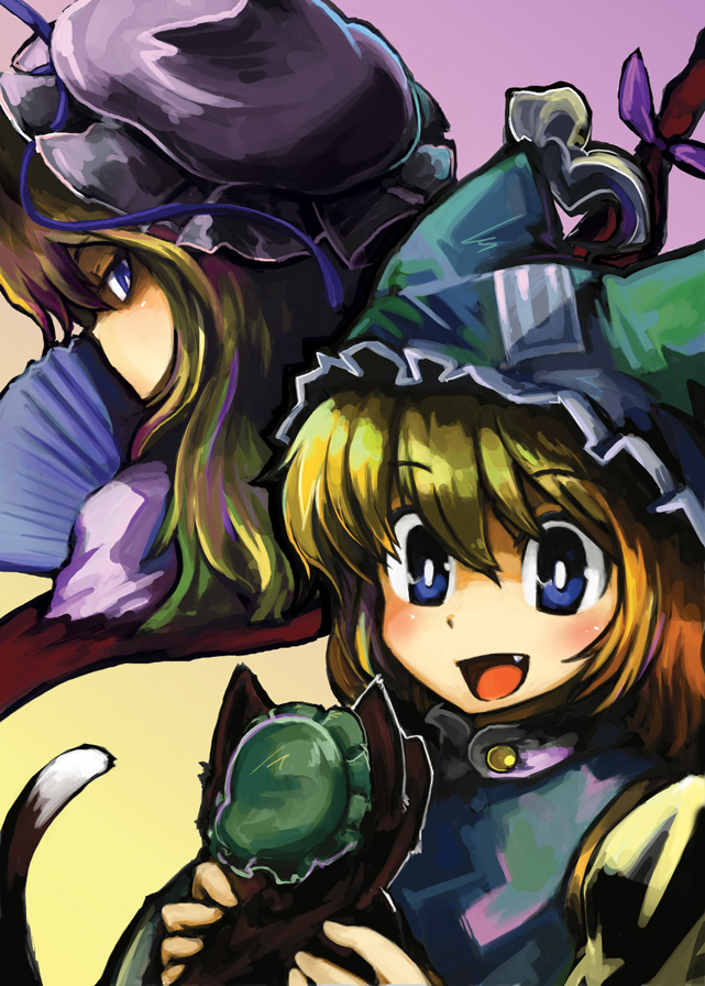 rotan, chen, chen (cat), yakumo ran, yakumo yukari, touhou, 2girls, animal hat, blonde hair, blue eyes, cat, fang, female focus, folding fan, gap (touhou), glaring, hand fan, hat, holding, long hair, looking back, mob cap, multiple girls, open mouth, short hair, smile, tassel
