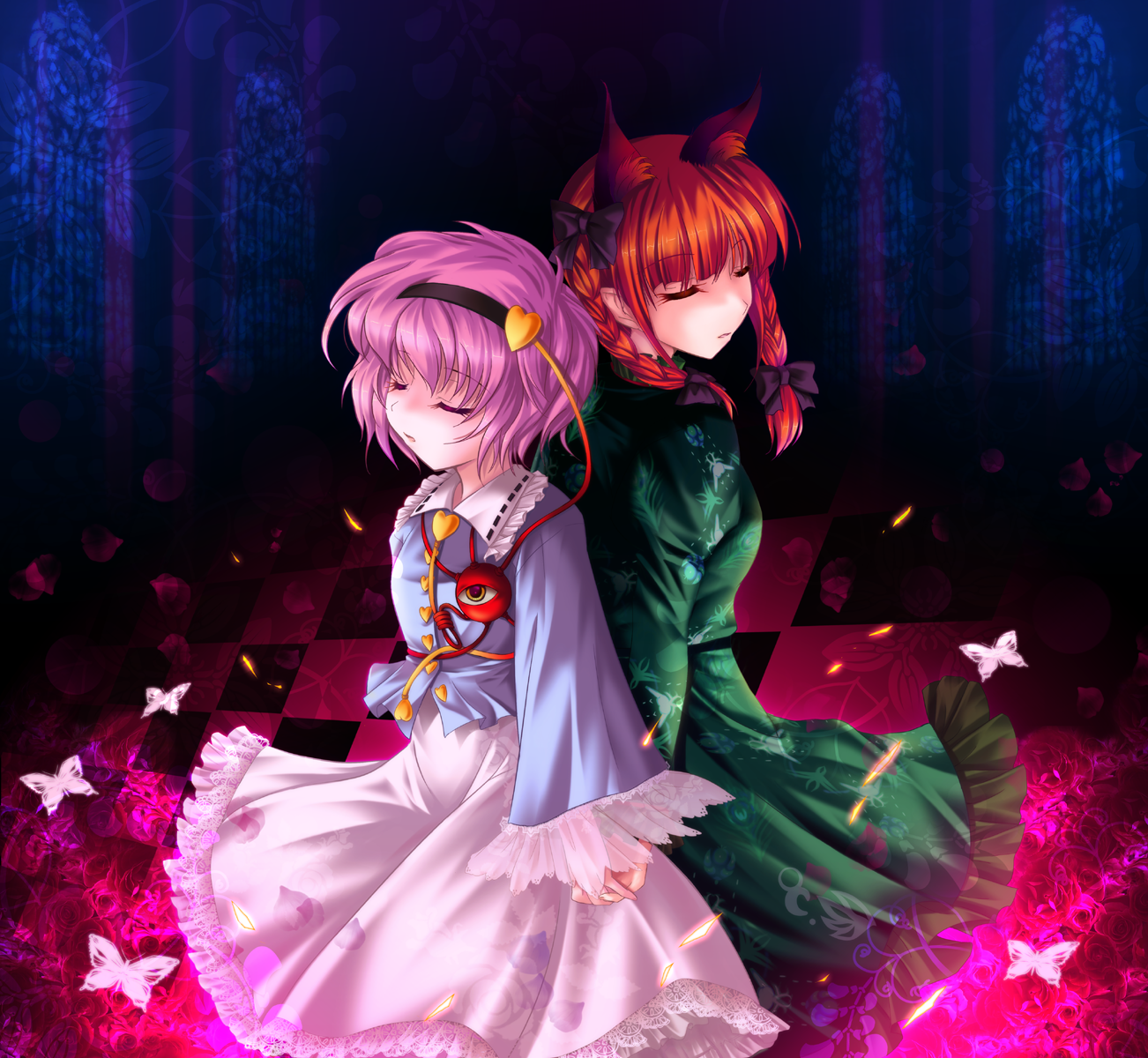 cetera, kaenbyou rin, komeiji satori, touhou, highres, 2girls, braid, bug, butterfly, female focus, insect, multiple girls