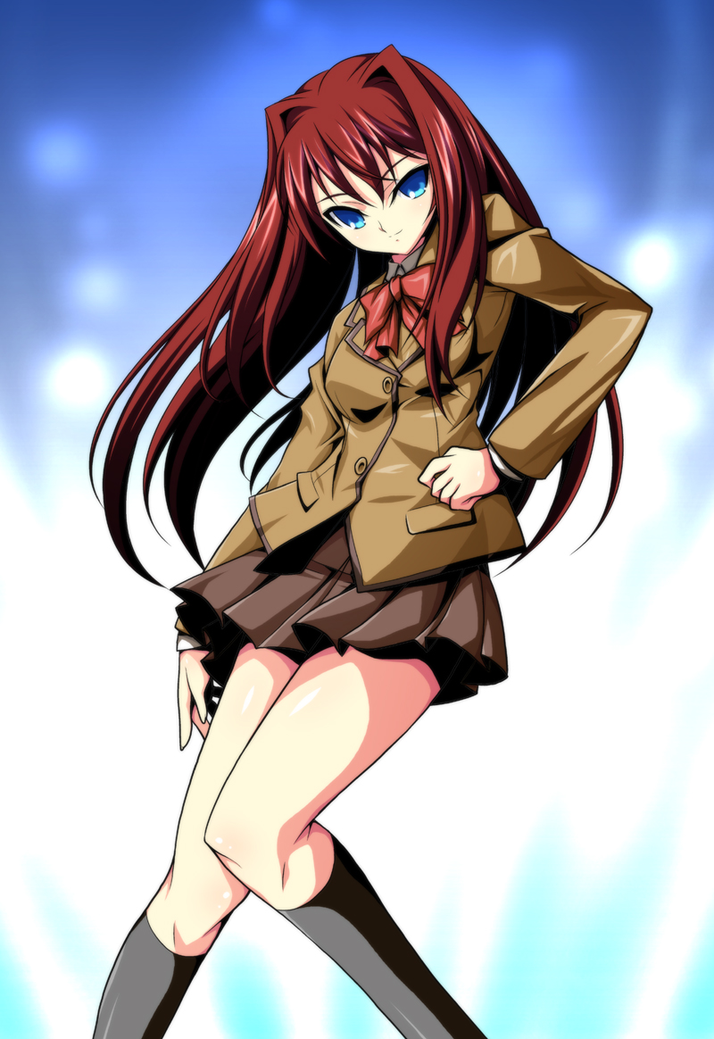 ka2, aozaki aoko, mahou tsukai no yoru, tsukihime, 00s, 1girl, blue eyes, female focus, hair intakes, jacket, kneehighs, long hair, miniskirt, red hair, school uniform, skirt, socks, solo