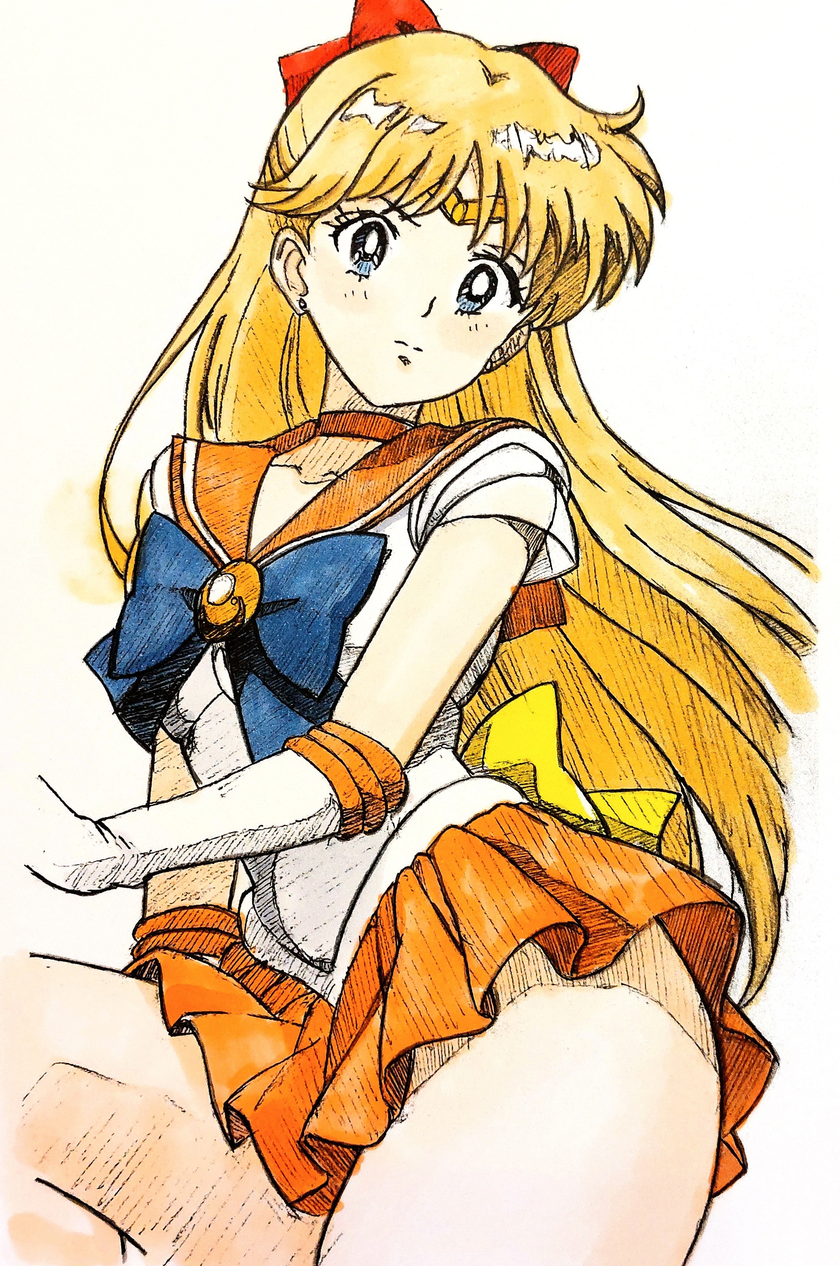 i4teruz, aino minako, sailor venus, bishoujo senshi sailor moon, absurdres, graphite (medium), highres, traditional media, 1girl, blonde hair, blue bow, blue eyes, bow, choker, circlet, elbow gloves, gloves, long hair, magical girl, orange choker, orange sailor collar, orange skirt, pleated skirt, red bow, sailor collar, sailor senshi uniform, simple background, skirt, solo, thick thighs, thighs, white background, white gloves, yellow bow