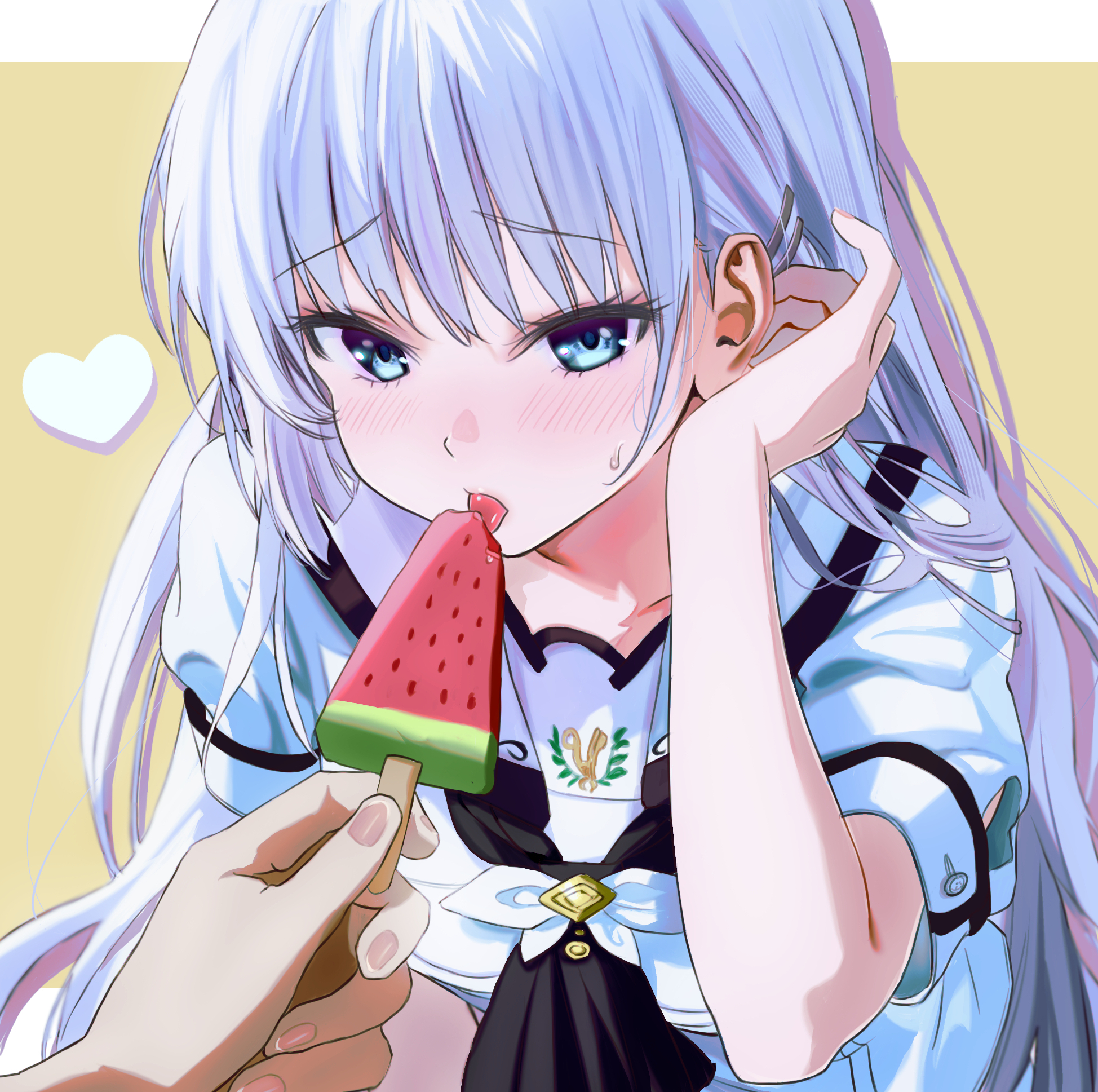 miiizuno lbs, naruse shiroha, summer pockets, commentary, highres, 1girl, 1other, adjusting hair, black neckerchief, blue eyes, blush, border, eyelashes, fed by viewer, feeding, fingernails, food, furrowed brow, hand up, heart, holding, holding food, holding popsicle, licking, long hair, looking at viewer, neckerchief, popsicle, pov, pov hands, puffy short sleeves, puffy sleeves, sailor, sailor collar, school uniform, serafuku, shirt, short sleeves, simple background, summer pockets school uniform, sweatdrop, tongue, tongue out, upper body, very long hair, watermelon bar, white border, white hair, white sailor collar, white shirt, yellow background