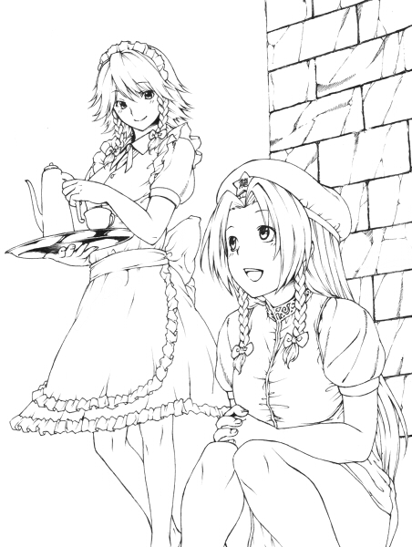 inuzuka bouru, hong meiling, izayoi sakuya, embodiment of scarlet devil, touhou, bad id, bad pixiv id, 2girls, braid, female focus, greyscale, hairband, hat, maid, monochrome, multiple girls, ribbon, squatting, twin braids, white background