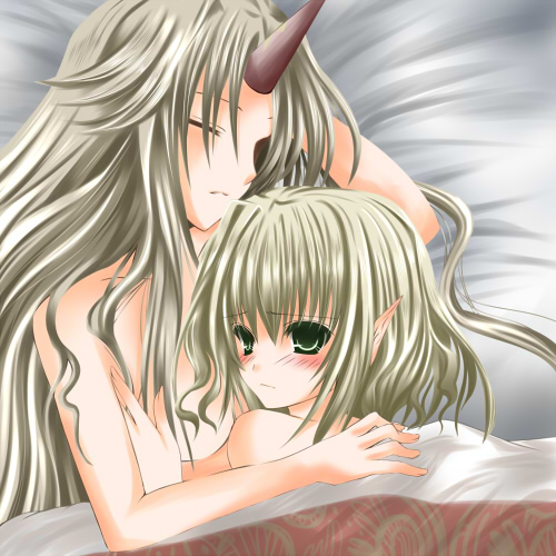nanase nao, hoshiguma yuugi, mizuhashi parsee, touhou, bad id, bad pixiv id, lowres, 2girls, bare shoulders, bed, bed sheet, blonde hair, blush, breasts, closed eyes, covering privates, cuddling, embarrassed, female focus, from above, green eyes, horns, hug, long hair, multiple girls, nude, pointy ears, short hair, shy, single horn, sleeping, small breasts, under covers, yuri