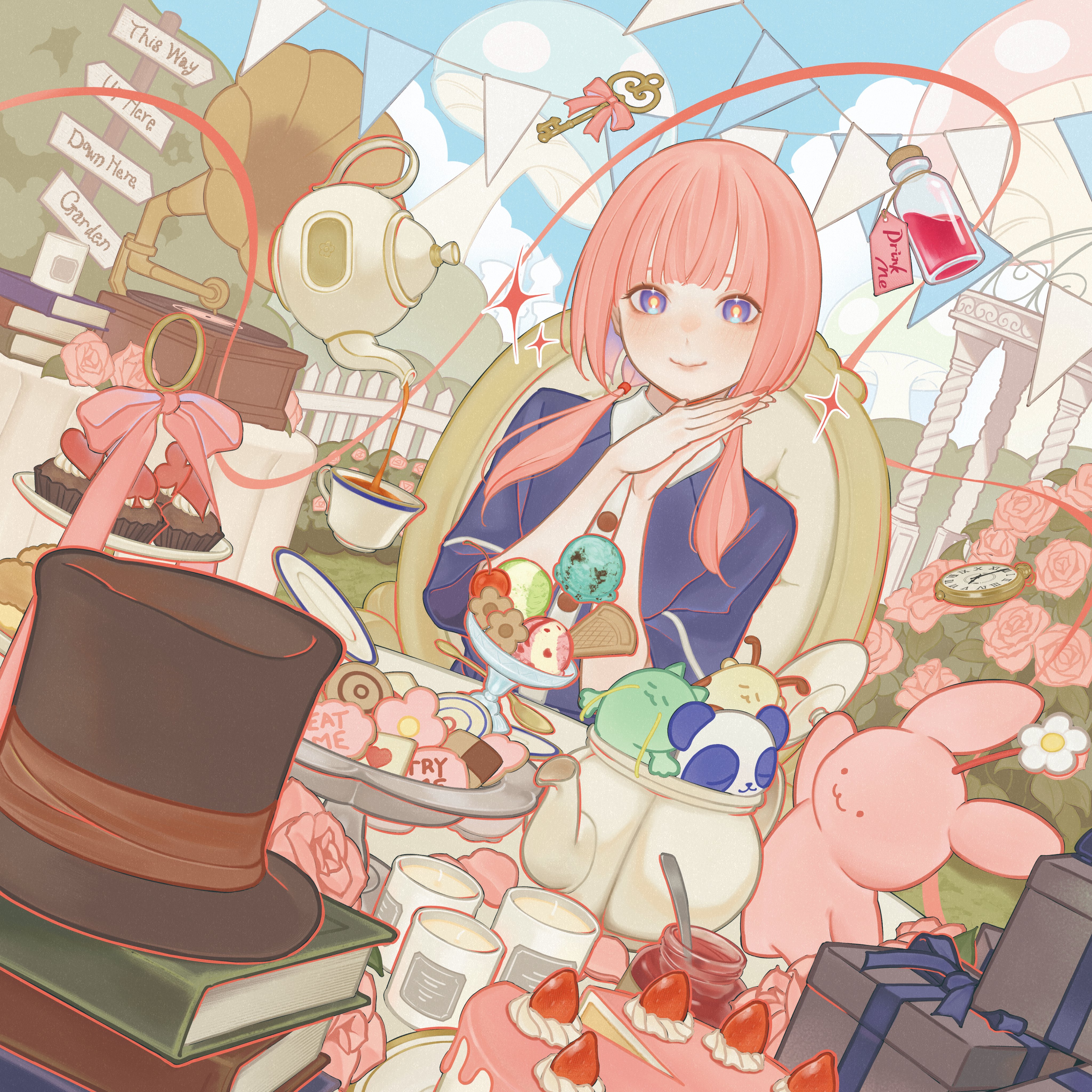 zudxpnz, kaf (kamitsubaki studio), kamitsubaki studio, absurdres, highres, 1girl, blue eyes, bottle, cake, closed mouth, cookie, food, gift, hands up, hat, ice cream, low twintails, mushroom, own hands together, pink hair, sitting, smile, solo, stuffed animal, stuffed rabbit, stuffed toy, sweets, top hat, twintails, upper body, virtual youtuber, wand