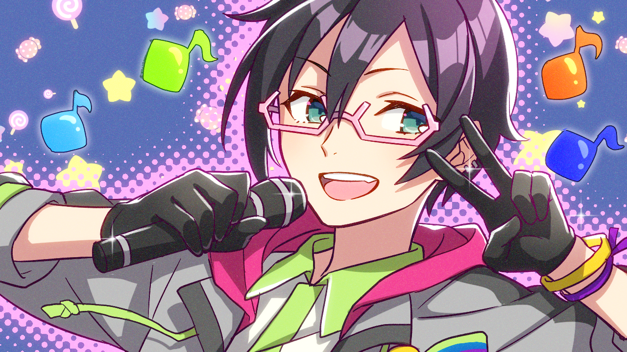 shuu (syuuuuuuuuuu), iseya shiki, idolmaster, idolmaster side-m, commentary request, 1boy, :d, black gloves, black hair, blue background, collared shirt, contrast collar, double-parted bangs, drawstring, gloves, green eyes, grey hoodie, hair between eyes, hands up, holding, holding microphone, hood, hood down, hoodie, long sleeves, looking at viewer, male focus, microphone, musical note, open clothes, open hoodie, open mouth, pink-framed eyewear, portrait, semi-rimless eyewear, shirt, short hair, smile, solo, star (symbol), v, white shirt