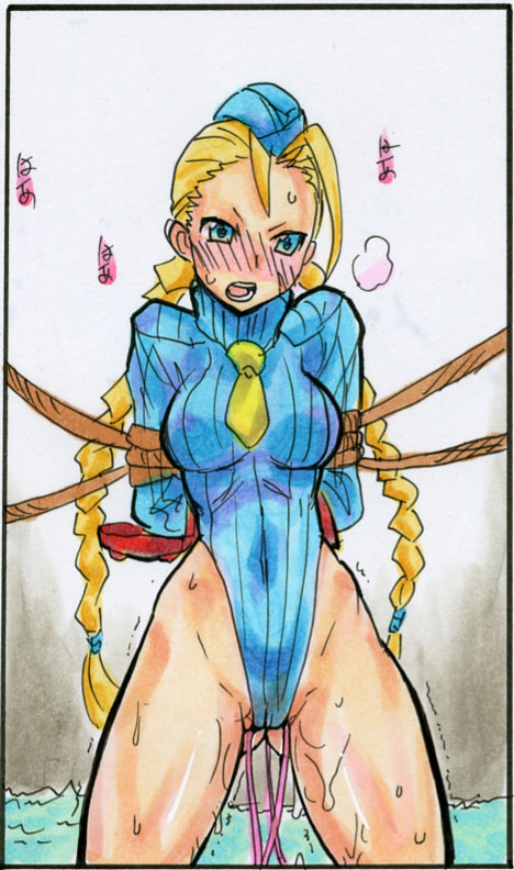 kikuta, cammy white, capcom, street fighter, traditional media, 1girl, antenna hair, arms behind back, ass, bdsm, blonde hair, blue eyes, blue leotard, blush, bondage, bound, braid, cameltoe, curvy, female focus, from behind, garrison cap, gloves, hat, highleg, highleg leotard, huge ass, legs, leotard, lips, long hair, sex toy, shiny skin, sleeved leotard, solo, sweat, thick thighs, thighs, thong leotard, twin braids, very long hair, vibrator, wide hips