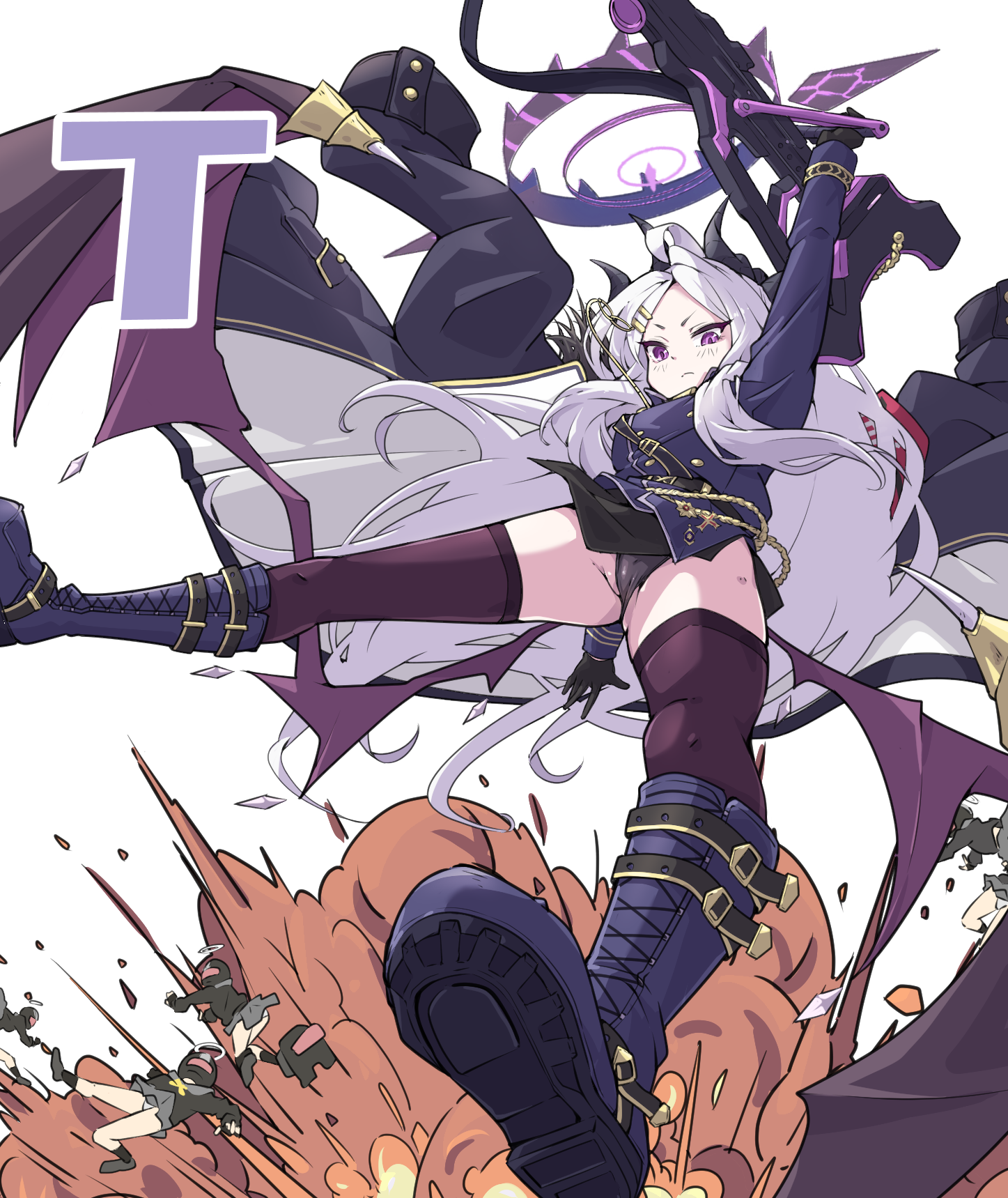mosuke1221, doodle sensei (blue archive), hina (blue archive), sensei (blue archive), among us, blue archive, highres, 1girl, ahoge, armband, black coat, black gloves, black halo, black panties, breasts, coat, coat on shoulders, demon girl, demon horns, demon wings, gloves, halo, horns, long hair, low wings, panties, purple eyes, red armband, small breasts, underwear, very long hair, white hair, wings