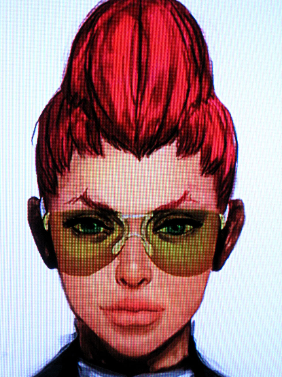 ikeno daigo, crimson viper, capcom, street fighter, street fighter iv (series), highres, 1girl, female focus, long hair, mature female, pompadour, red hair, smile, solo, sunglasses